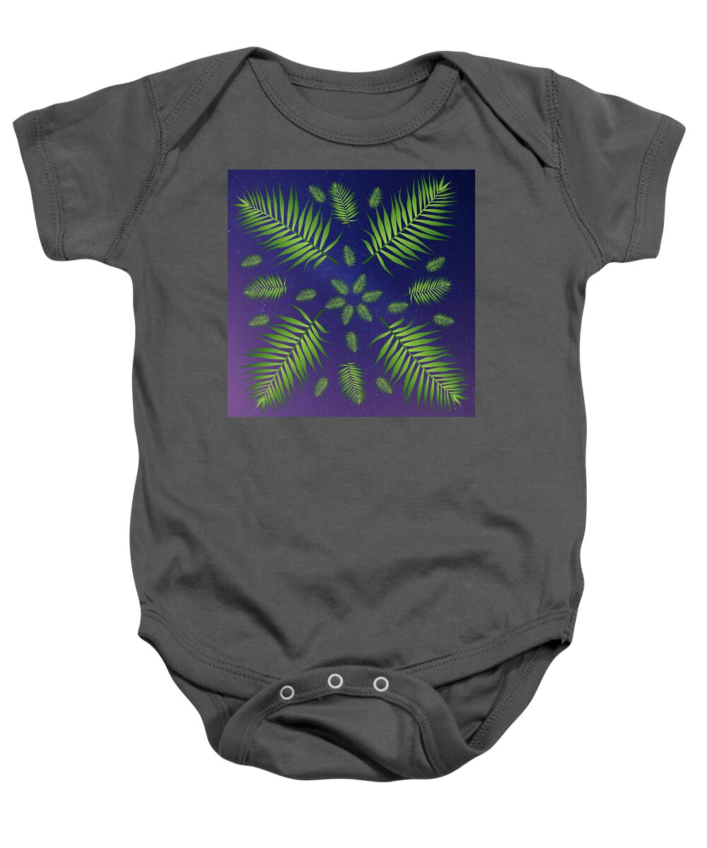 Palm Baby Onesie featuring the digital art Plethora of Palm Leaves 19 on a Starry Sky by Ali Baucom