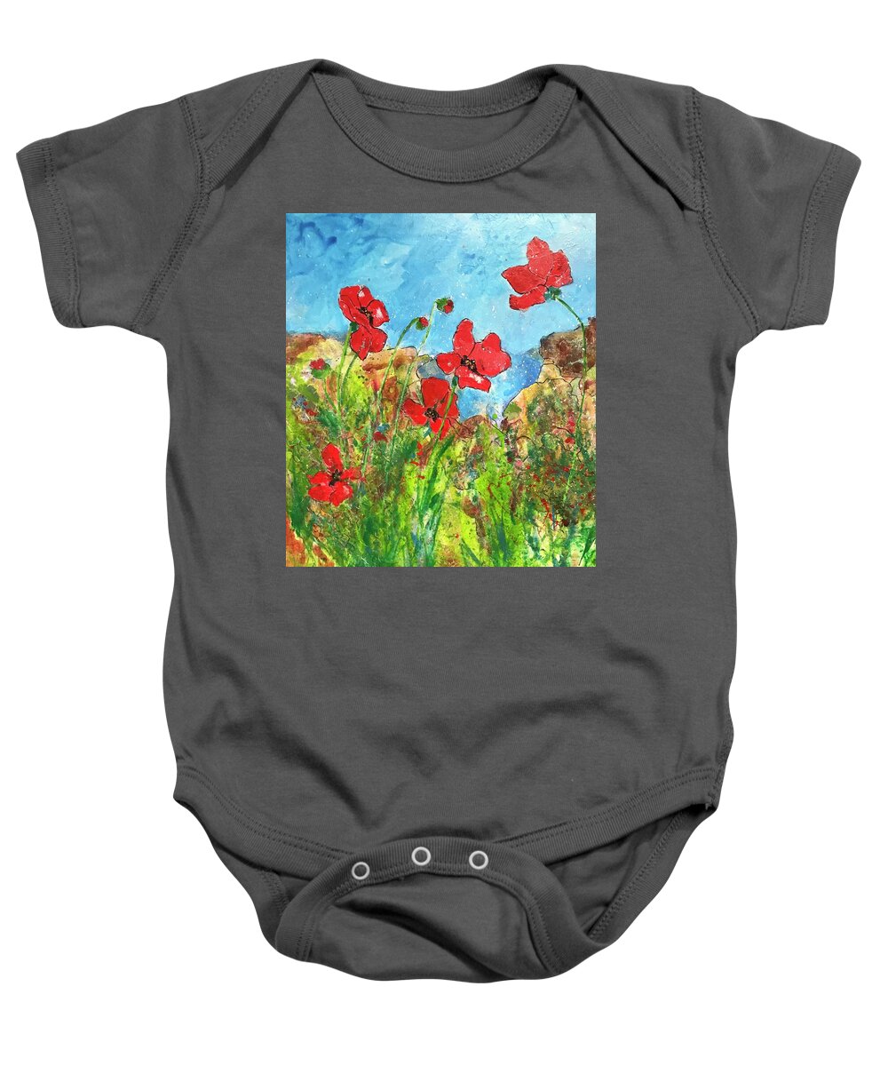Poppies Baby Onesie featuring the painting Poppies by the Sea II by Elaine Elliott