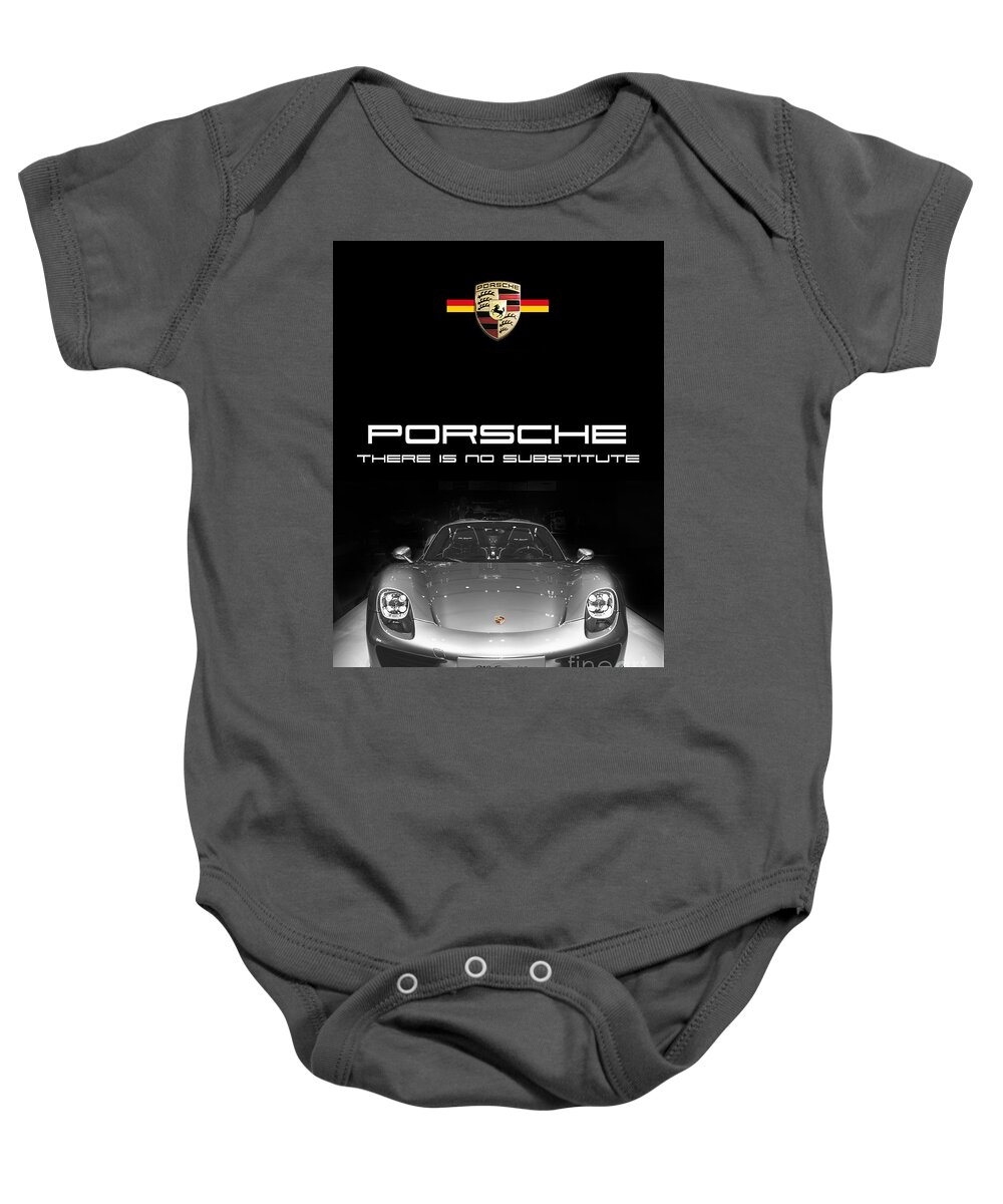 Porsche Shield Baby Onesie featuring the digital art Porsche - There is no substitute by Stefano Senise