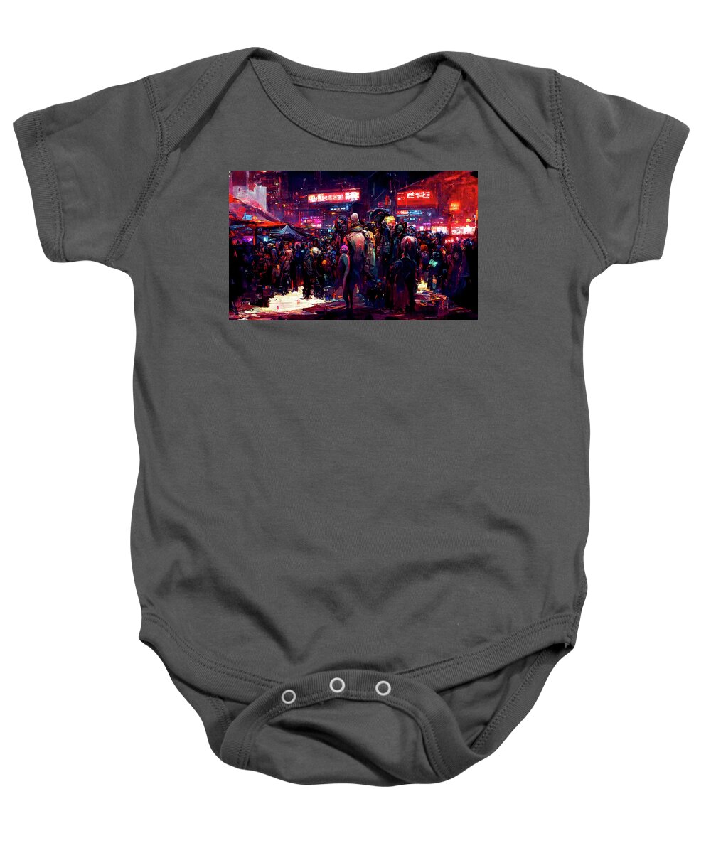 Cyberpunk Baby Onesie featuring the painting Postcards from the Future - Cyberpunk Street Market, 01 by AM FineArtPrints