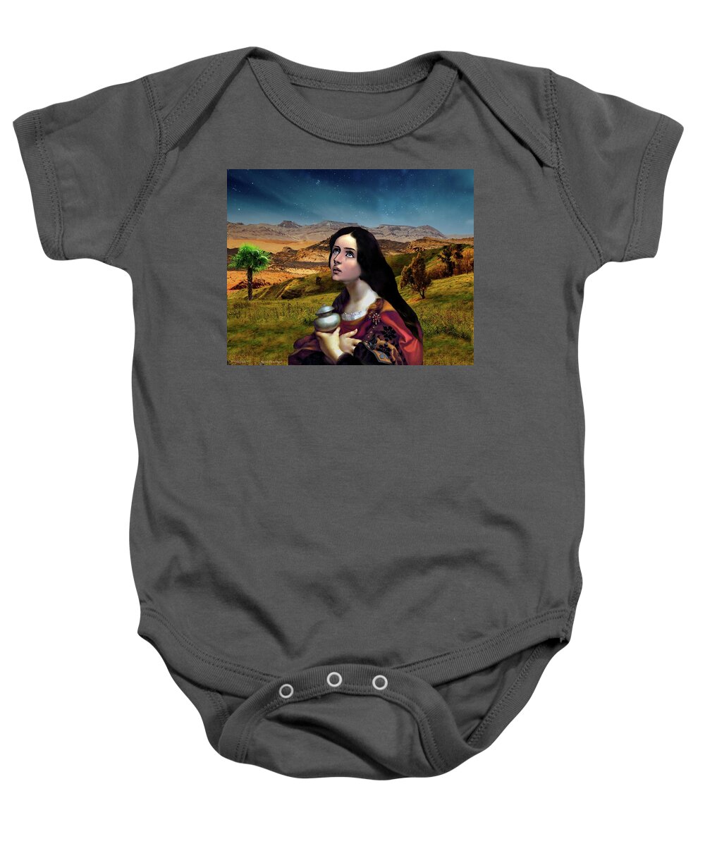 Mary Baby Onesie featuring the digital art Precious Gift by Norman Brule