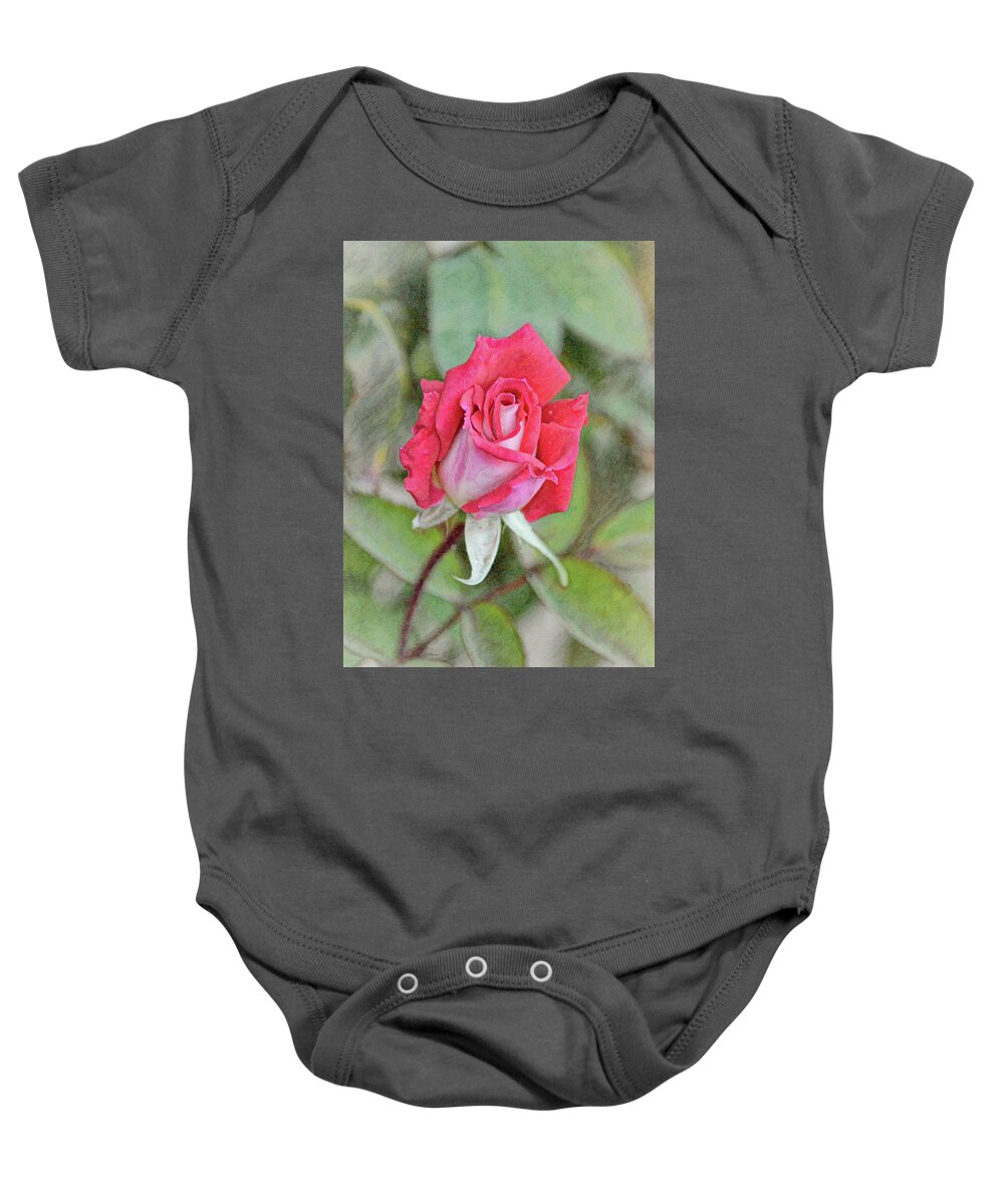 Rose Baby Onesie featuring the digital art Pretty Red Pink Rose from Up Top Portrait by Gaby Ethington