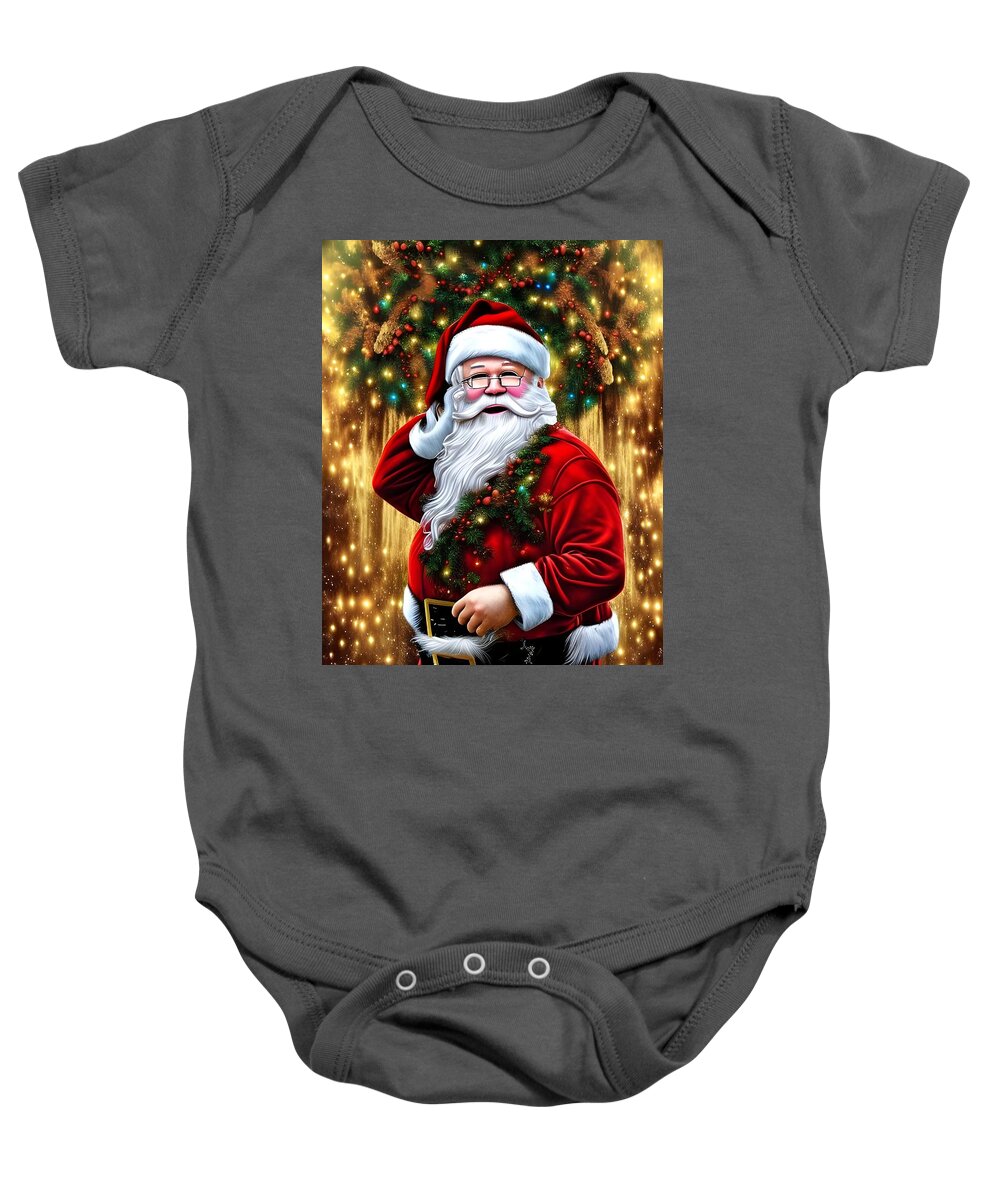 Digital Christmas Sant Claus Red Baby Onesie featuring the digital art Primping Santa Claus by Beverly Read