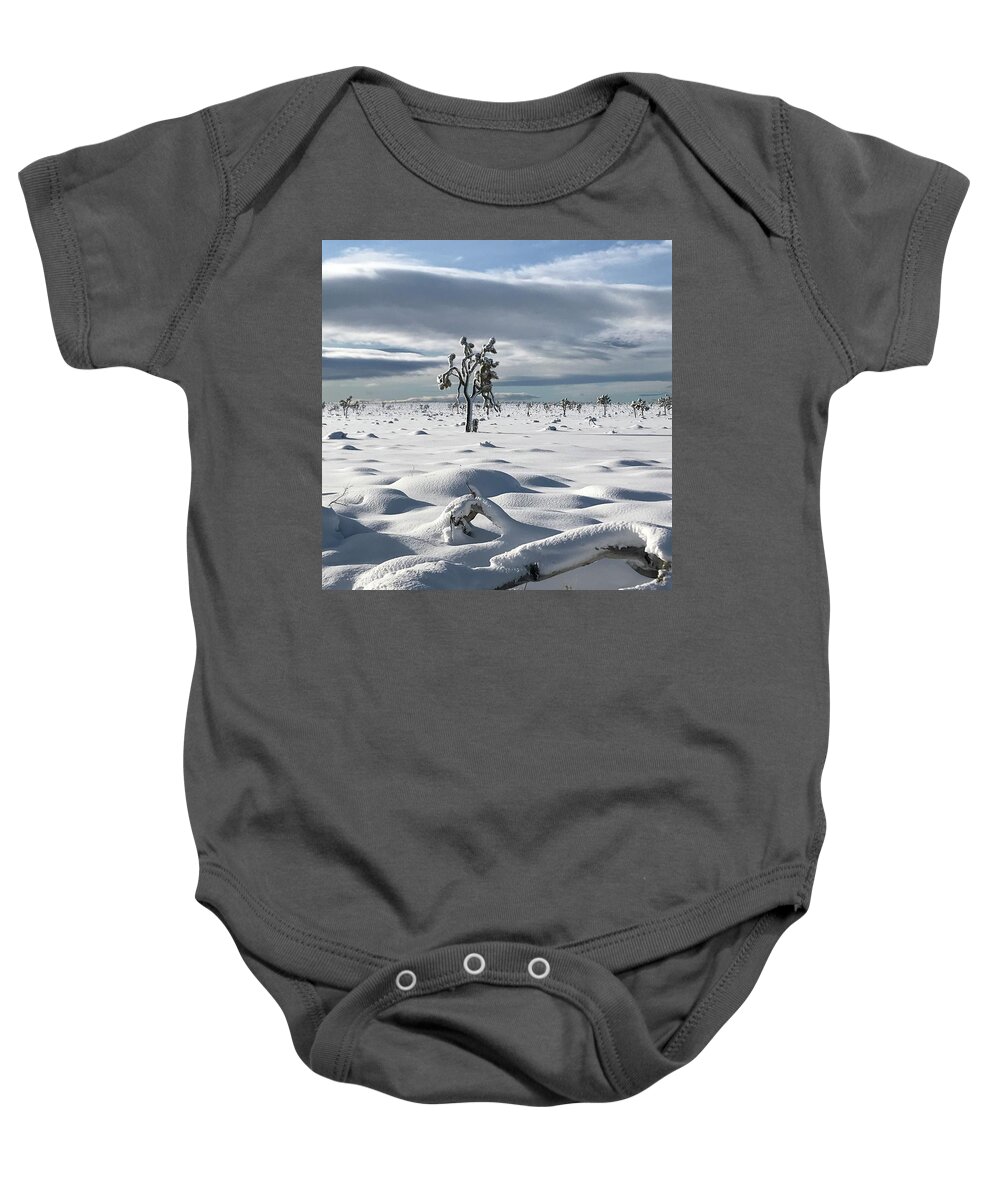 Joshua Tree Baby Onesie featuring the photograph Pristine Joshua Trees in Snow by Perry Hoffman