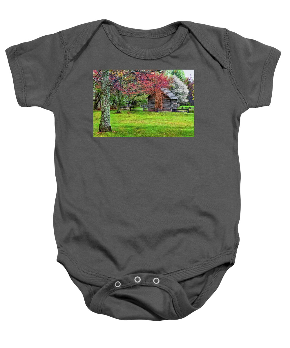 North Carolina Baby Onesie featuring the photograph Puckett Cabin in the Springtime by Dan Carmichael