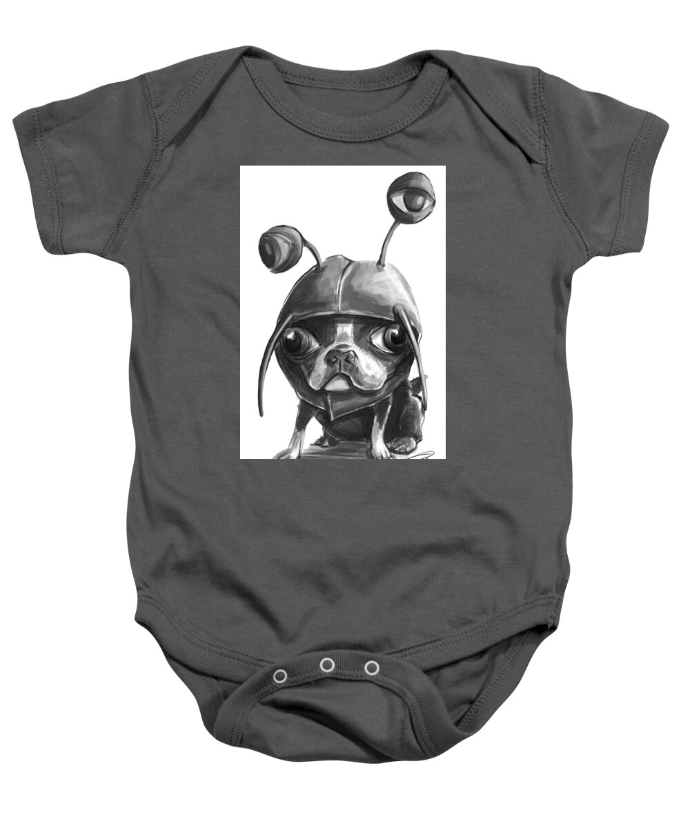 Pug Dog Costume Black And White Cute Illustration Drawing Art Baby Onesie featuring the painting Pug Lobster by Brett Hardin