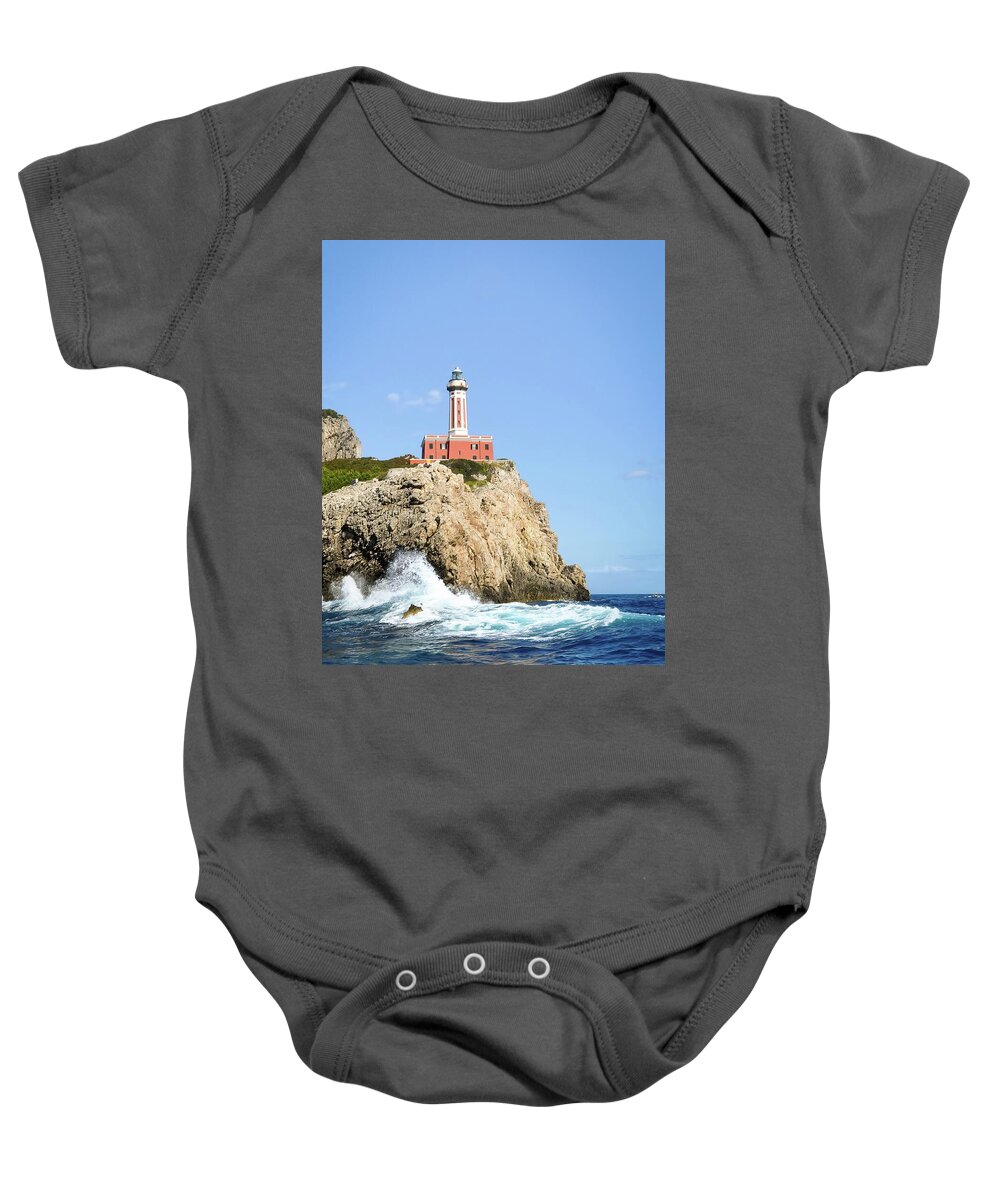 Punta Carena Baby Onesie featuring the photograph Punta Carena Lighthouse by Rebecca Herranen