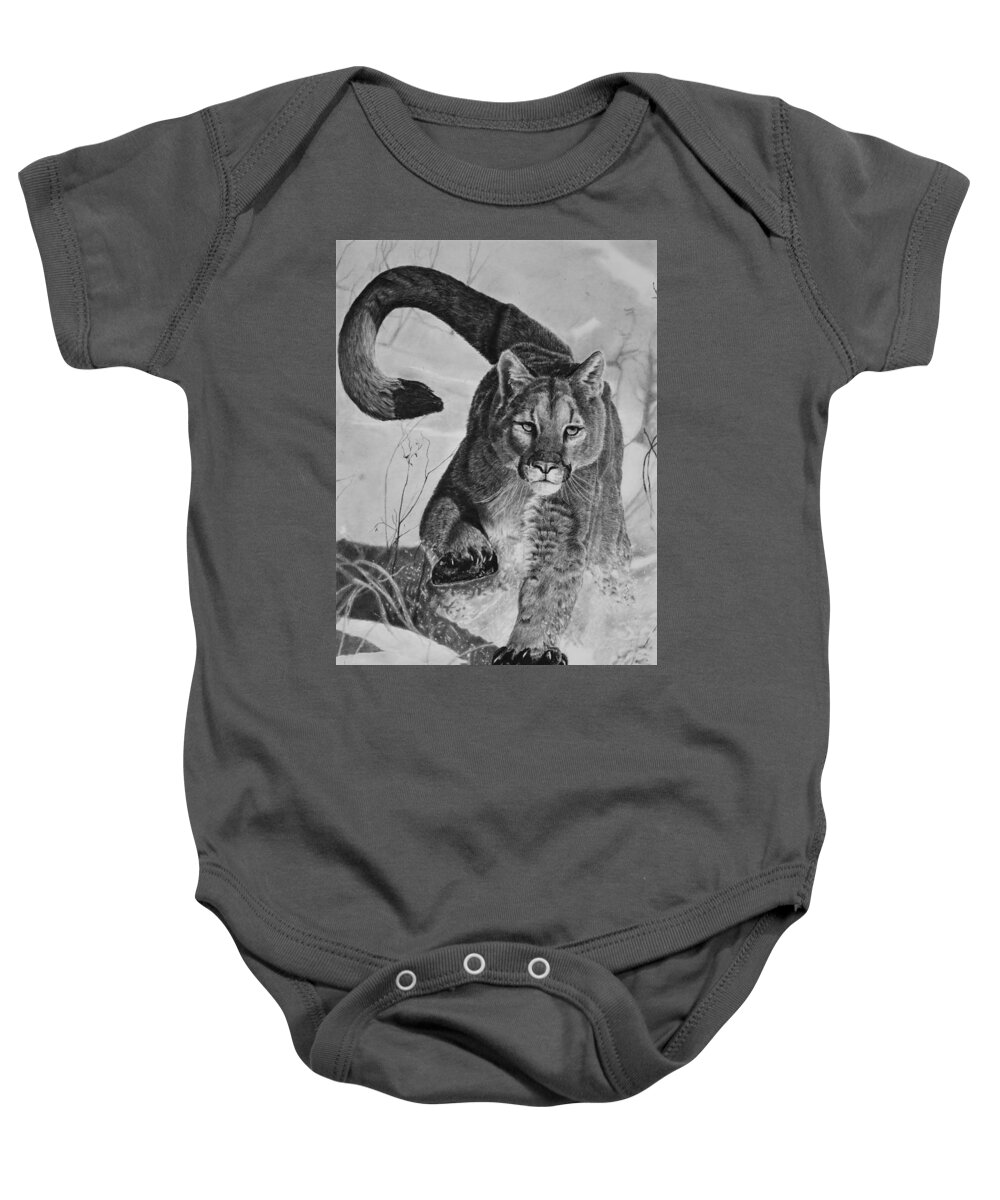 Mountain Lion Baby Onesie featuring the drawing Pursuit by Greg Fox