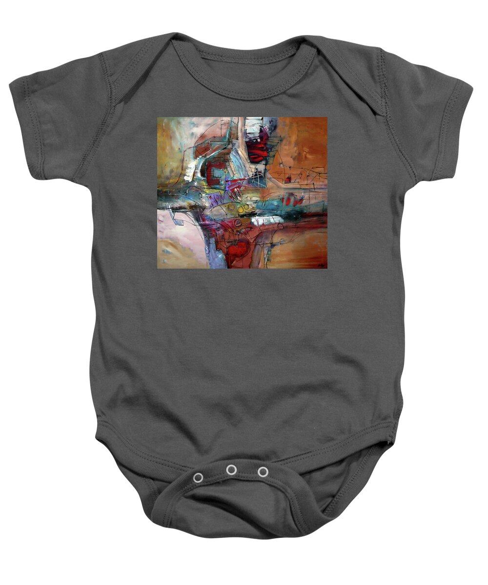 Abstract Baby Onesie featuring the painting Quantum Leap by Jim Stallings