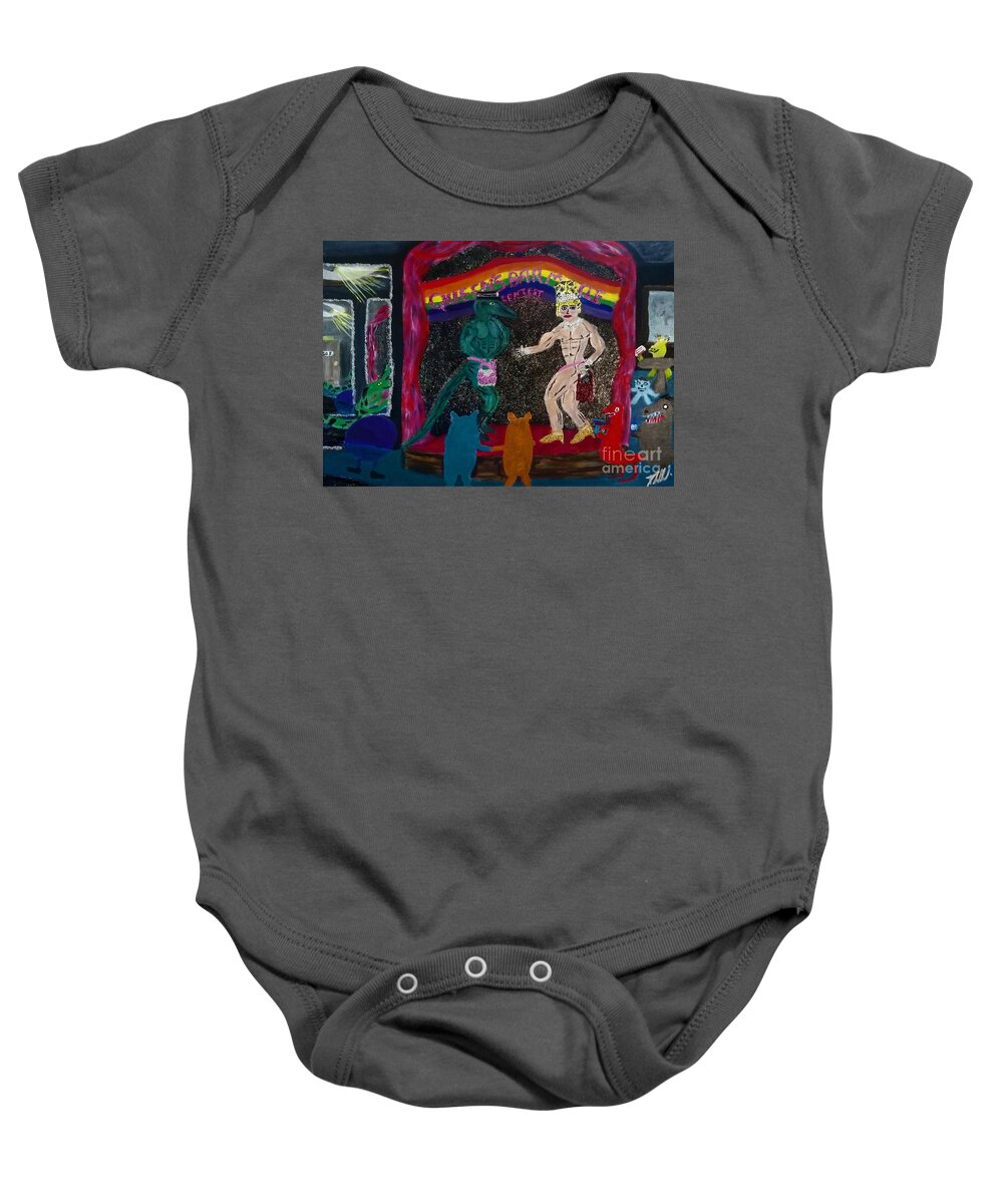 Lgbtq Baby Onesie featuring the painting Queens bar muscle contest by David Westwood