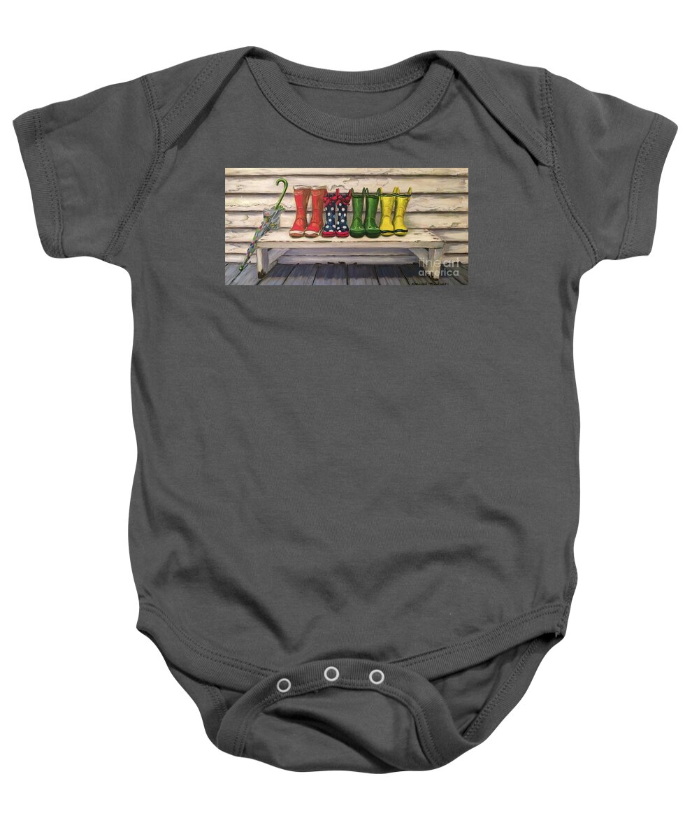 Paintings Baby Onesie featuring the painting Rain Boots by Sherrell Rodgers