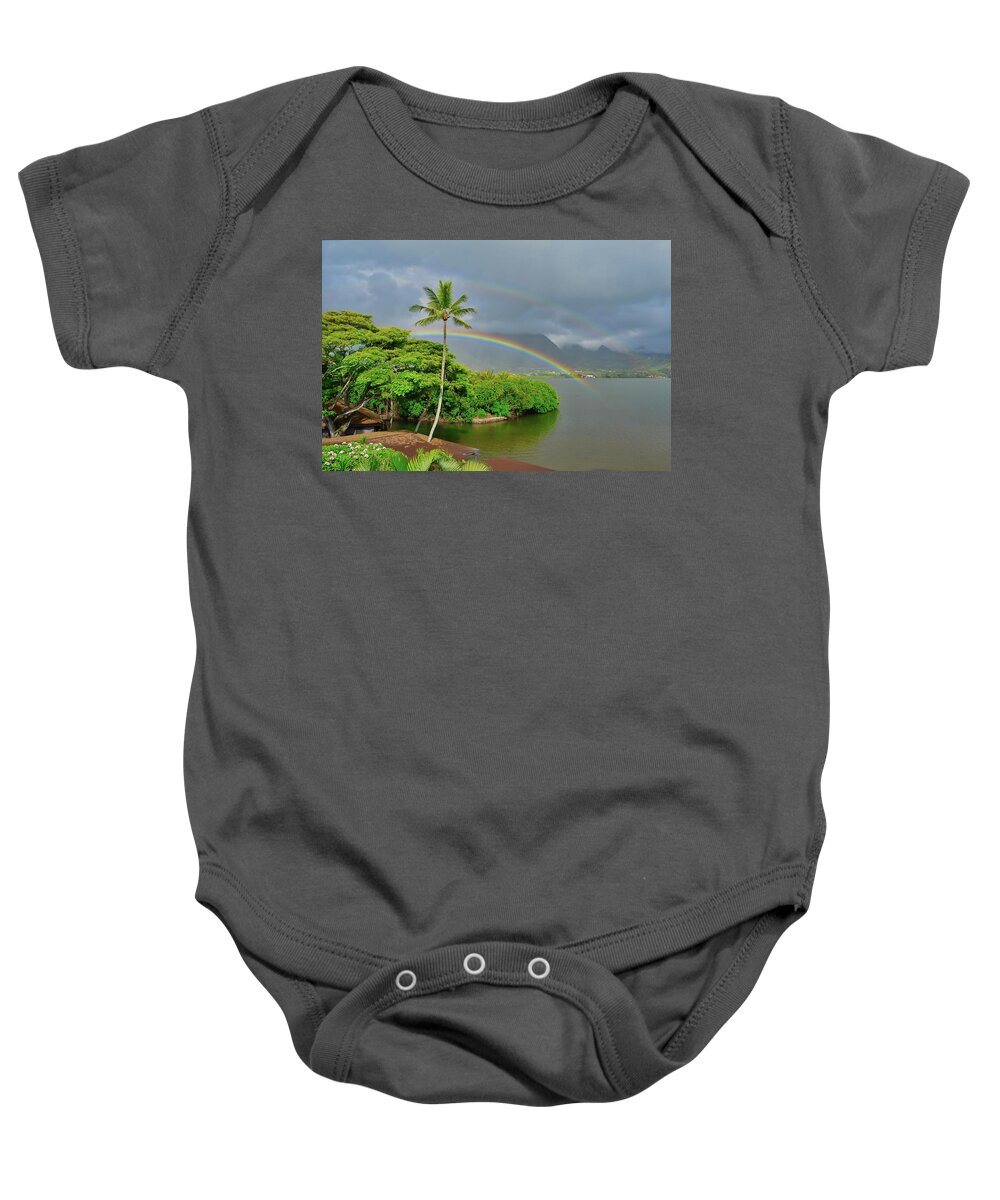 Kaneohe Bay Baby Onesie featuring the photograph Rainbow Over Kane'ohe Bay by Heidi Fickinger