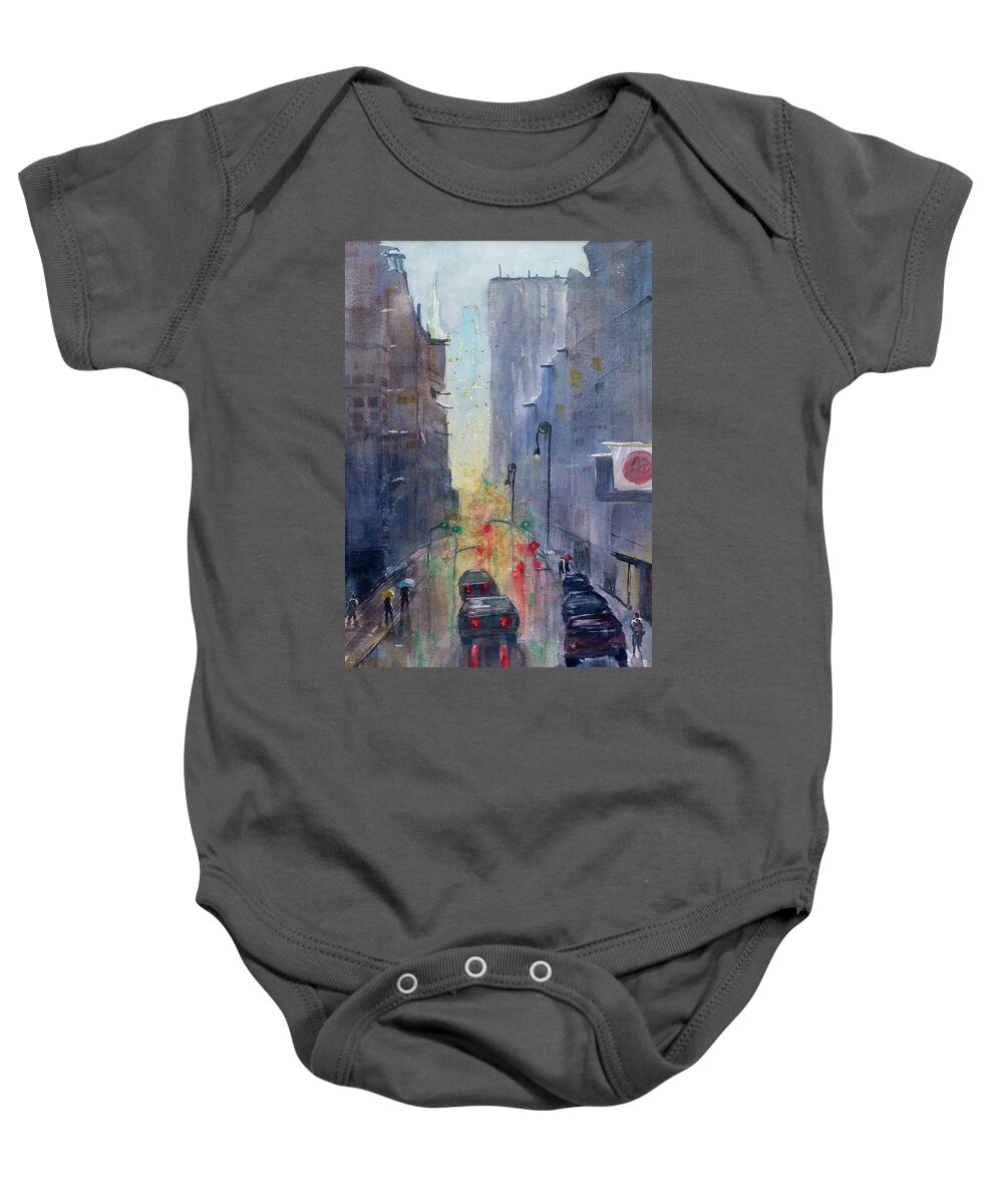 New York City Baby Onesie featuring the painting Rainy Day in New York City by Cheryl Prather