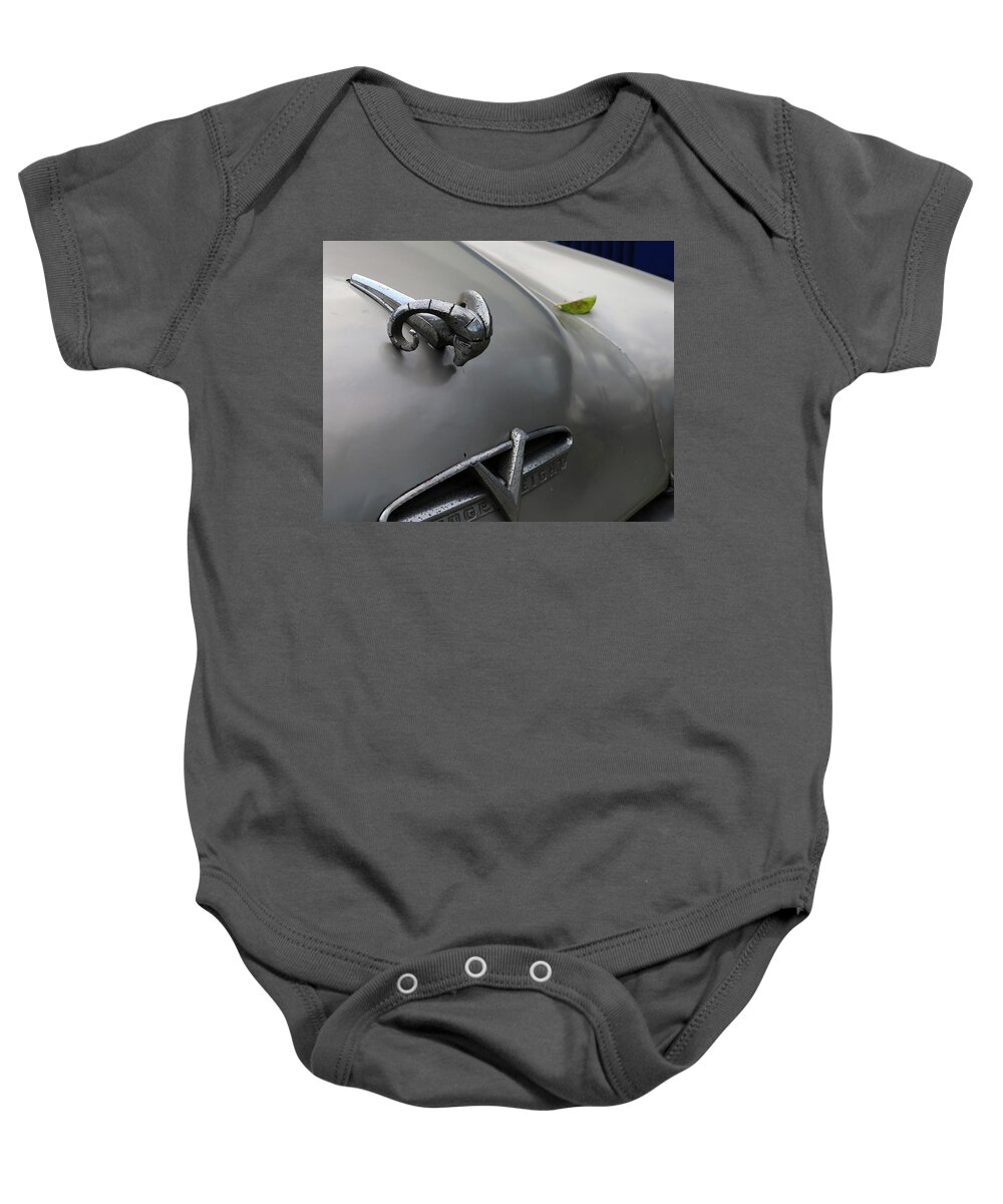 Car Baby Onesie featuring the photograph Ram with Leaf by M Kathleen Warren