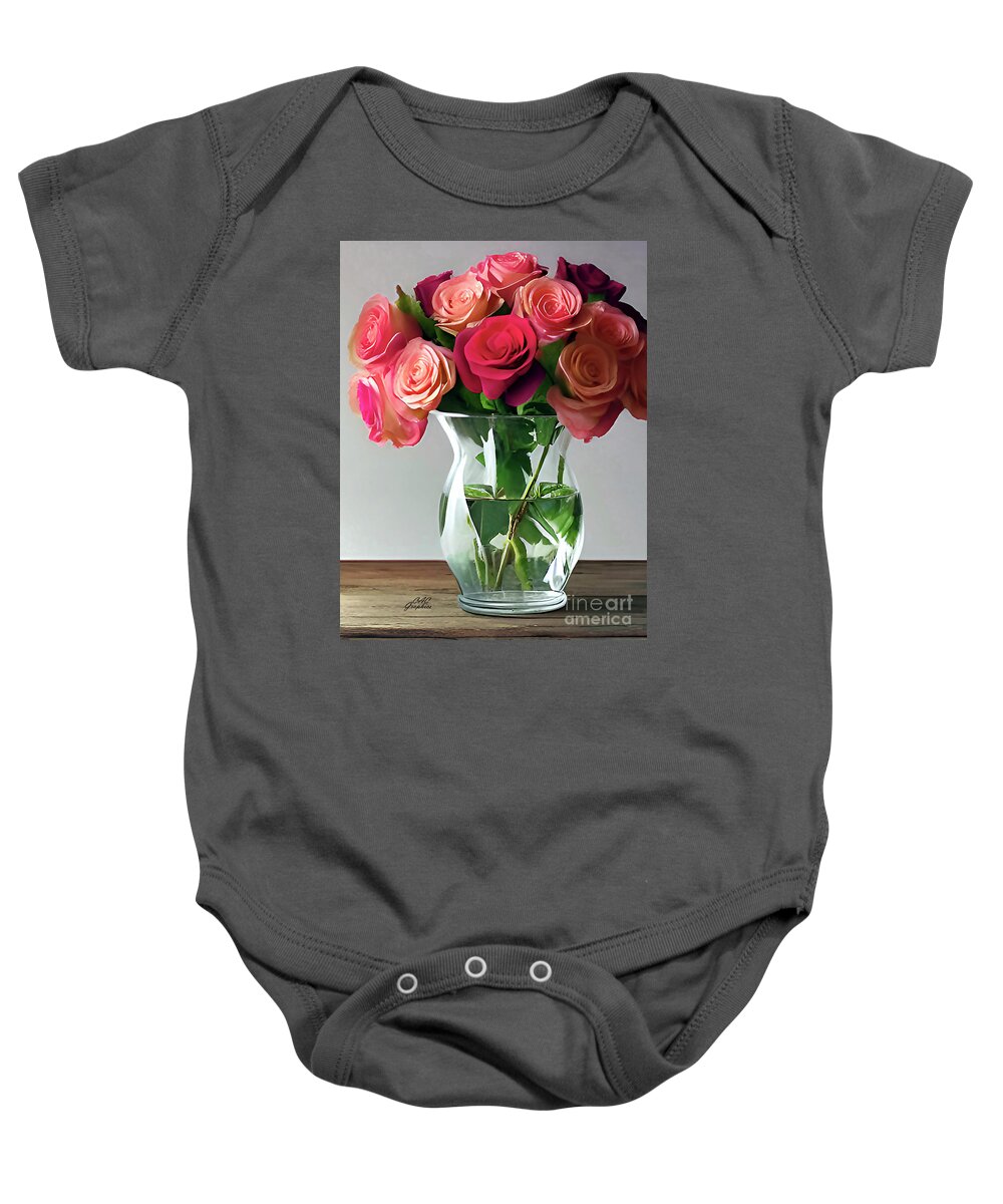 Roses Baby Onesie featuring the digital art Red and Pink Roses in Glass Vase by CAC Graphics