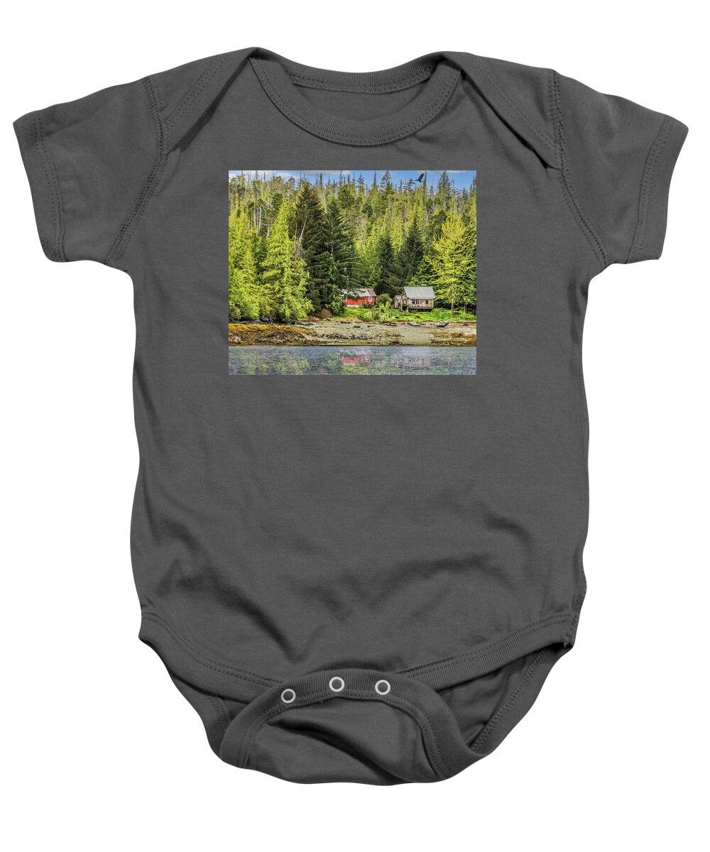 Alaska Baby Onesie featuring the photograph Red and White Cabins on Alaska Shore by Darryl Brooks