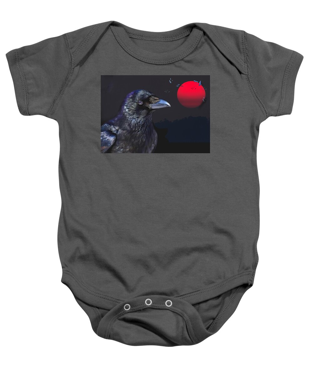 Raven Baby Onesie featuring the digital art Red Moon Raven by Theresa Tahara