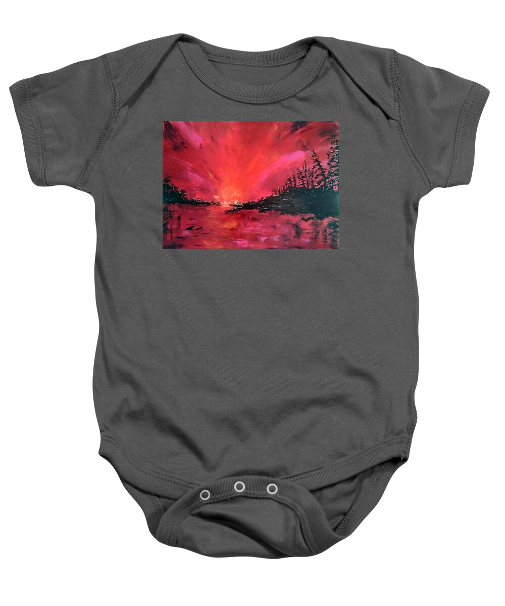 Red Baby Onesie featuring the painting Red Skies at Night by Lynne McQueen