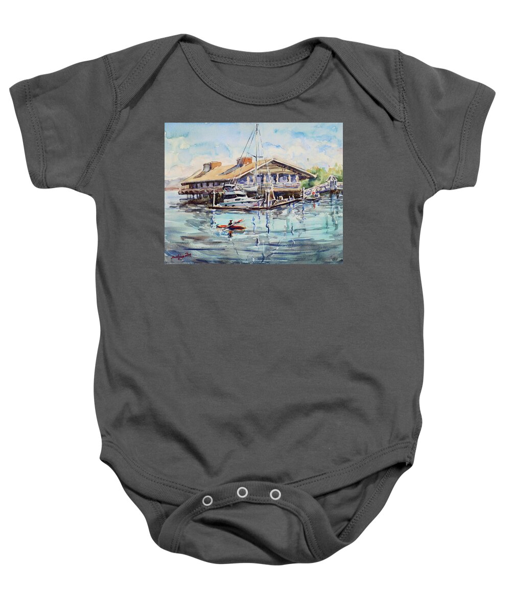 Kayak Baby Onesie featuring the painting Redwood City Marina California by Xueling Zou
