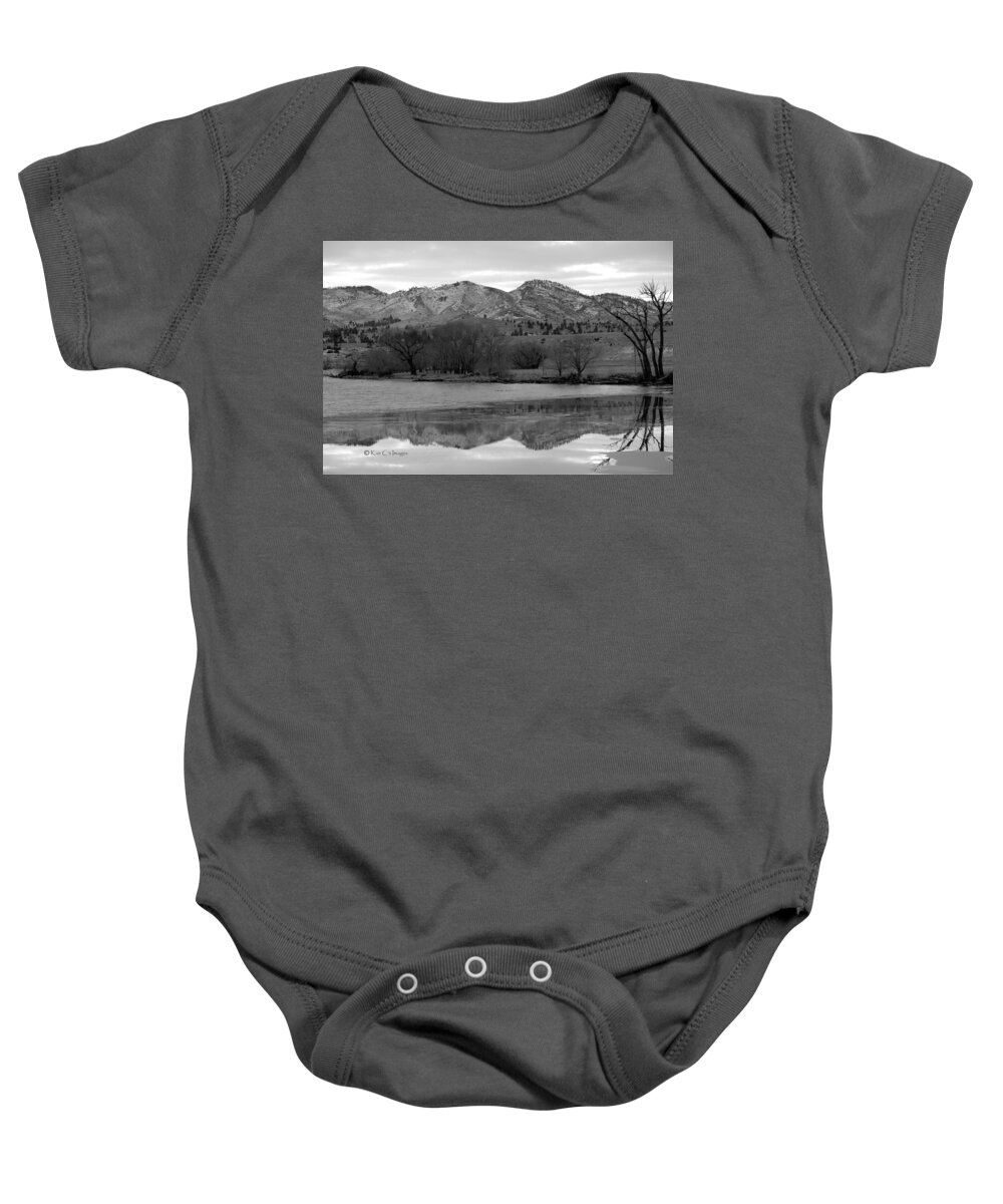 Black And White Baby Onesie featuring the photograph Reflections in Icy Waters BW by Kae Cheatham
