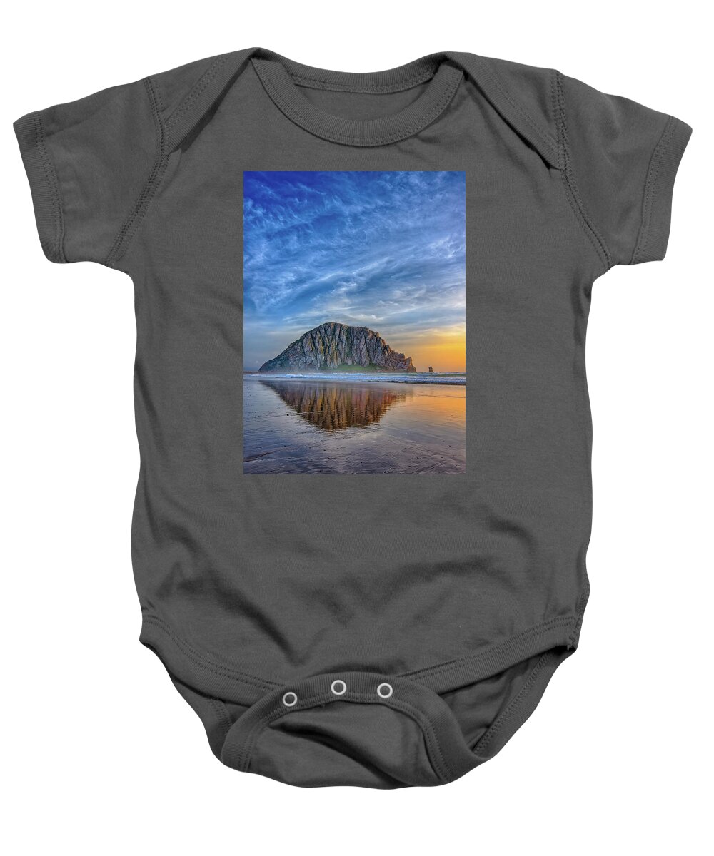 Morro Bay Baby Onesie featuring the photograph Reflection of The Rock by Beth Sargent