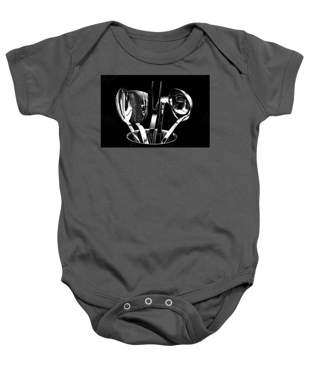 Black And White Baby Onesie featuring the photograph Reflections in Cooking Tools by Stuart Litoff