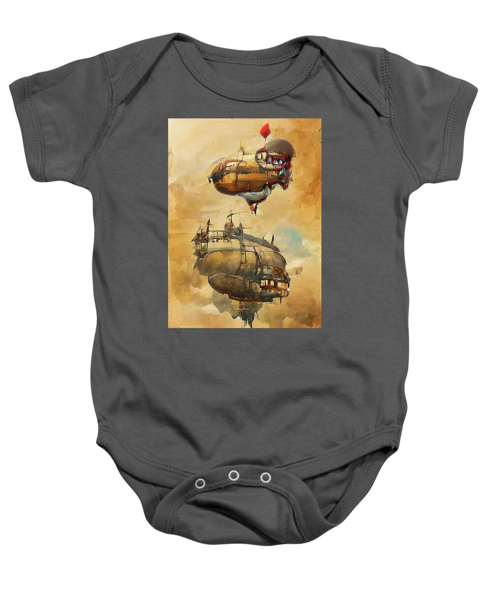Steampunk Baby Onesie featuring the digital art Rendezvous at Ivoryfell by Rod Melotte