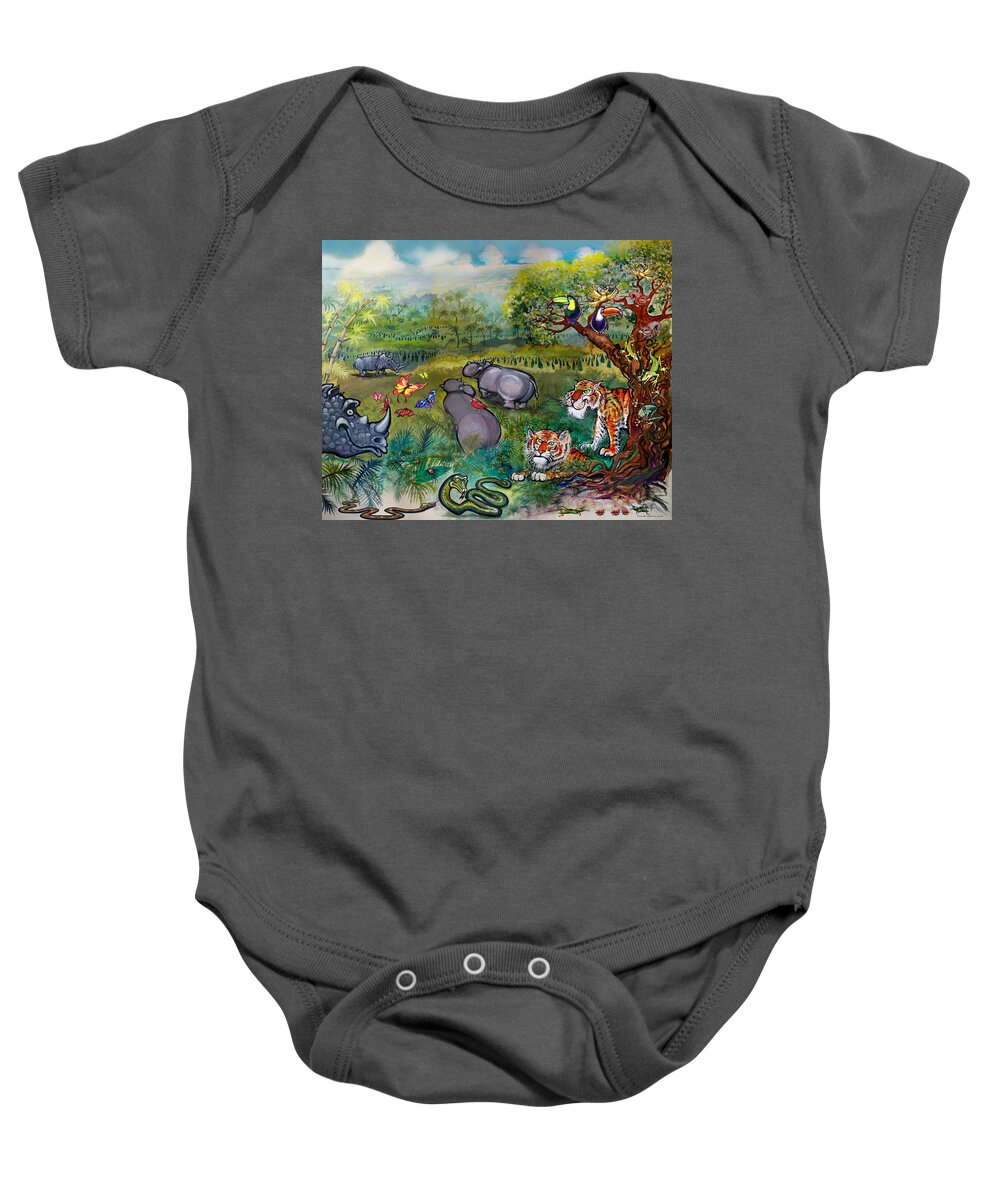 Rhino Baby Onesie featuring the painting Rhinos Hippos Tigers and Snakes by Kevin Middleton