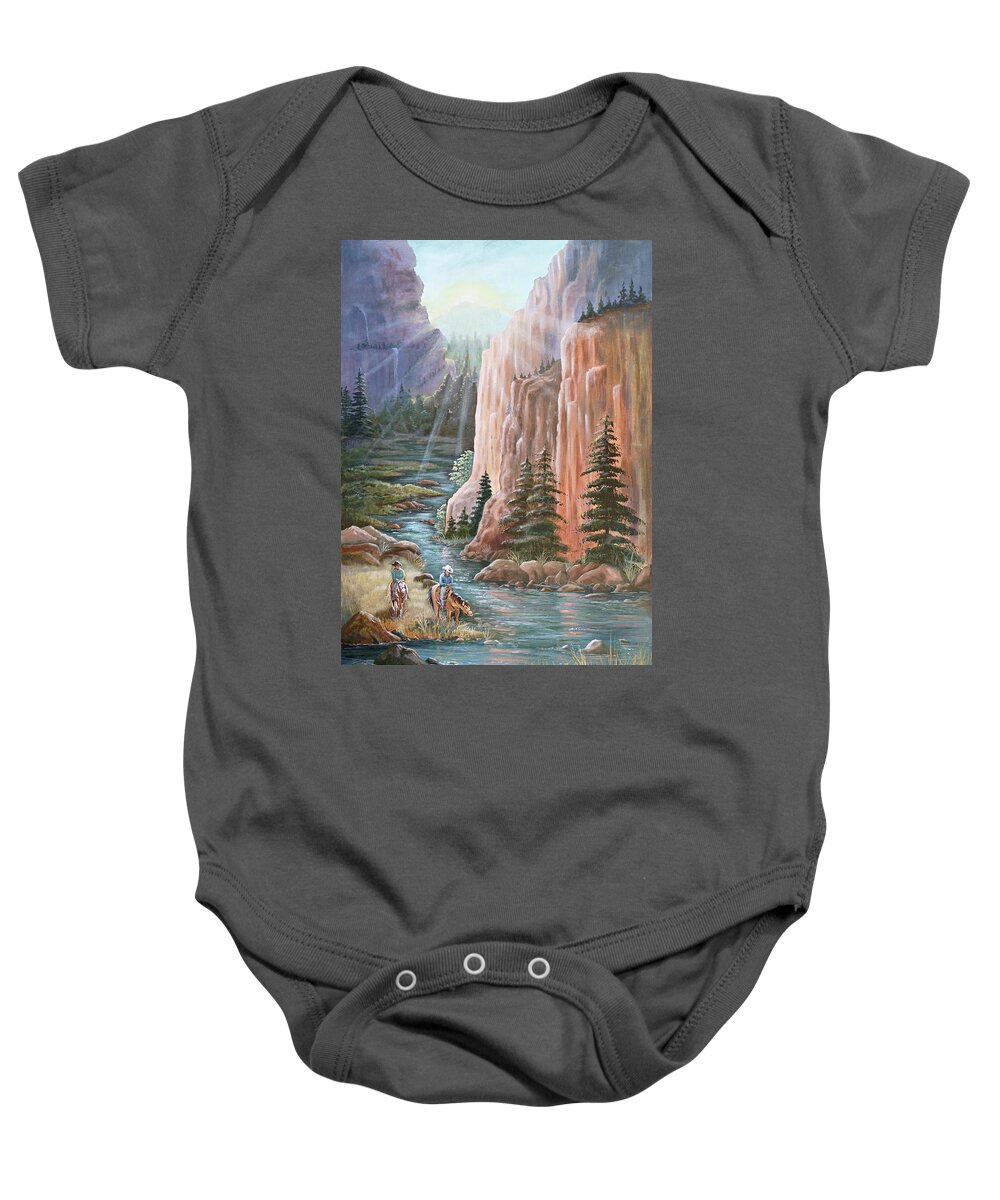 Sunrise Baby Onesie featuring the painting Rim Canyon Ride by Marilyn Smith