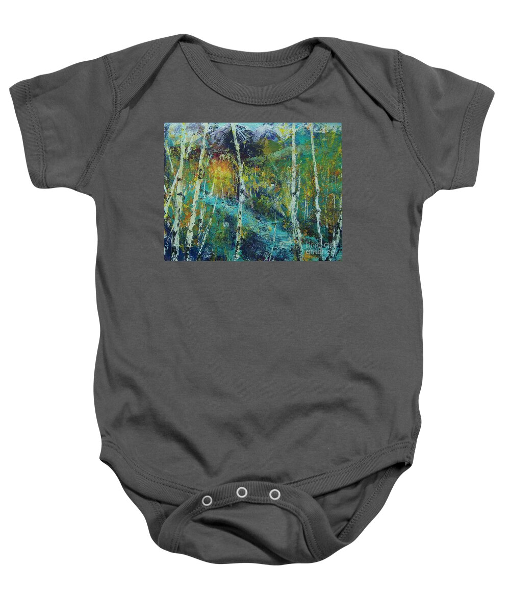 Landscape Baby Onesie featuring the painting River Birch by Jeanette French