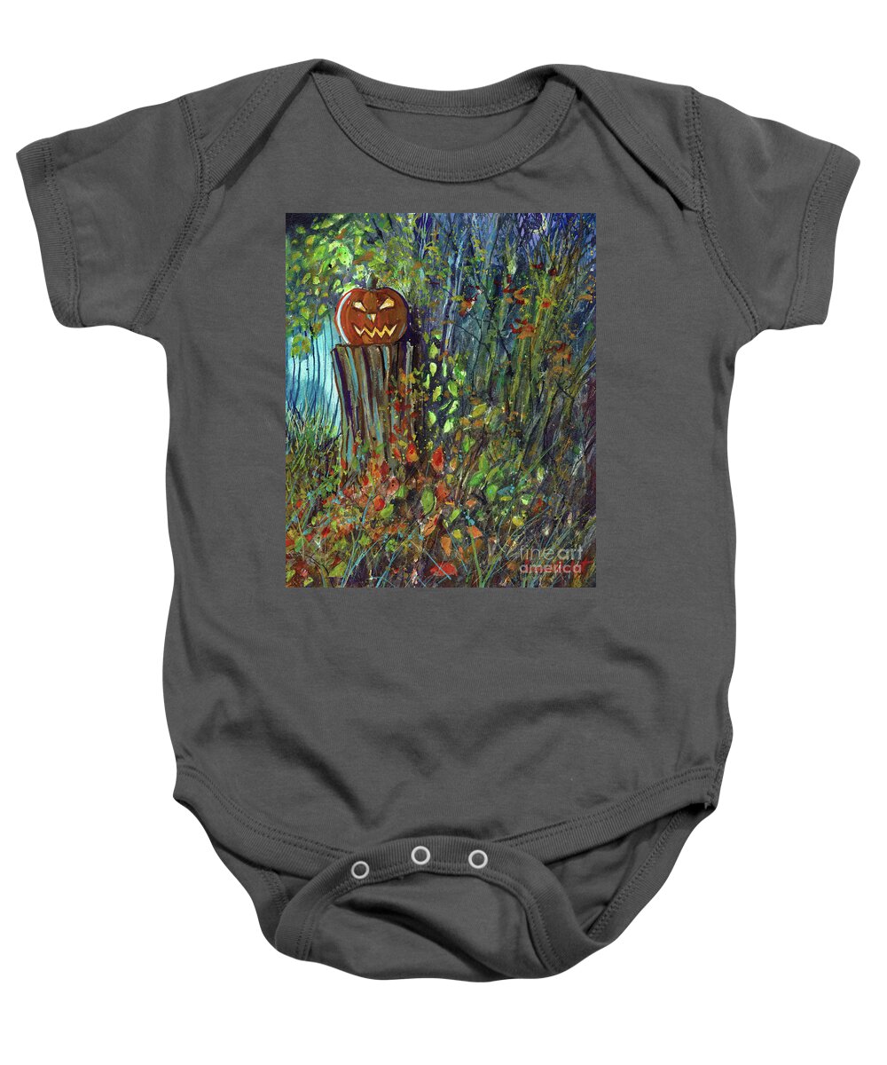 Jack-o-lantern Baby Onesie featuring the painting Roadside Jack by Susan Herbst