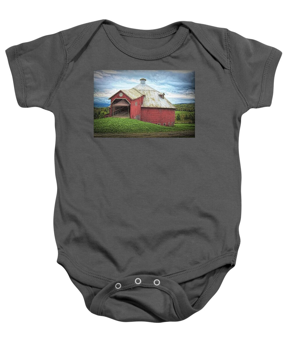 Barn Baby Onesie featuring the photograph Round barn - Mansonville, Quebec by Tatiana Travelways