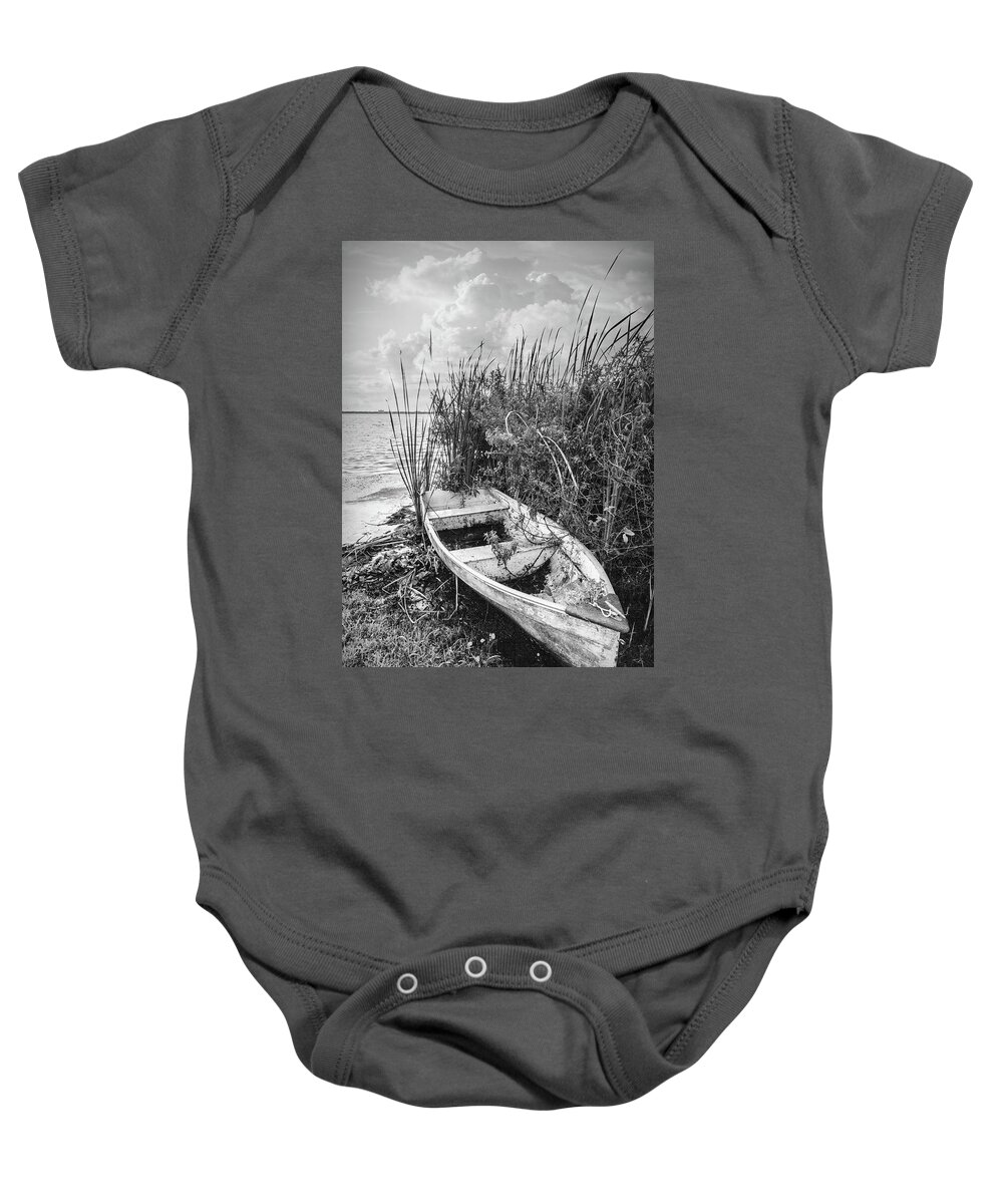 Boats Baby Onesie featuring the photograph Rowboat in the Marsh in Black and White by Debra and Dave Vanderlaan