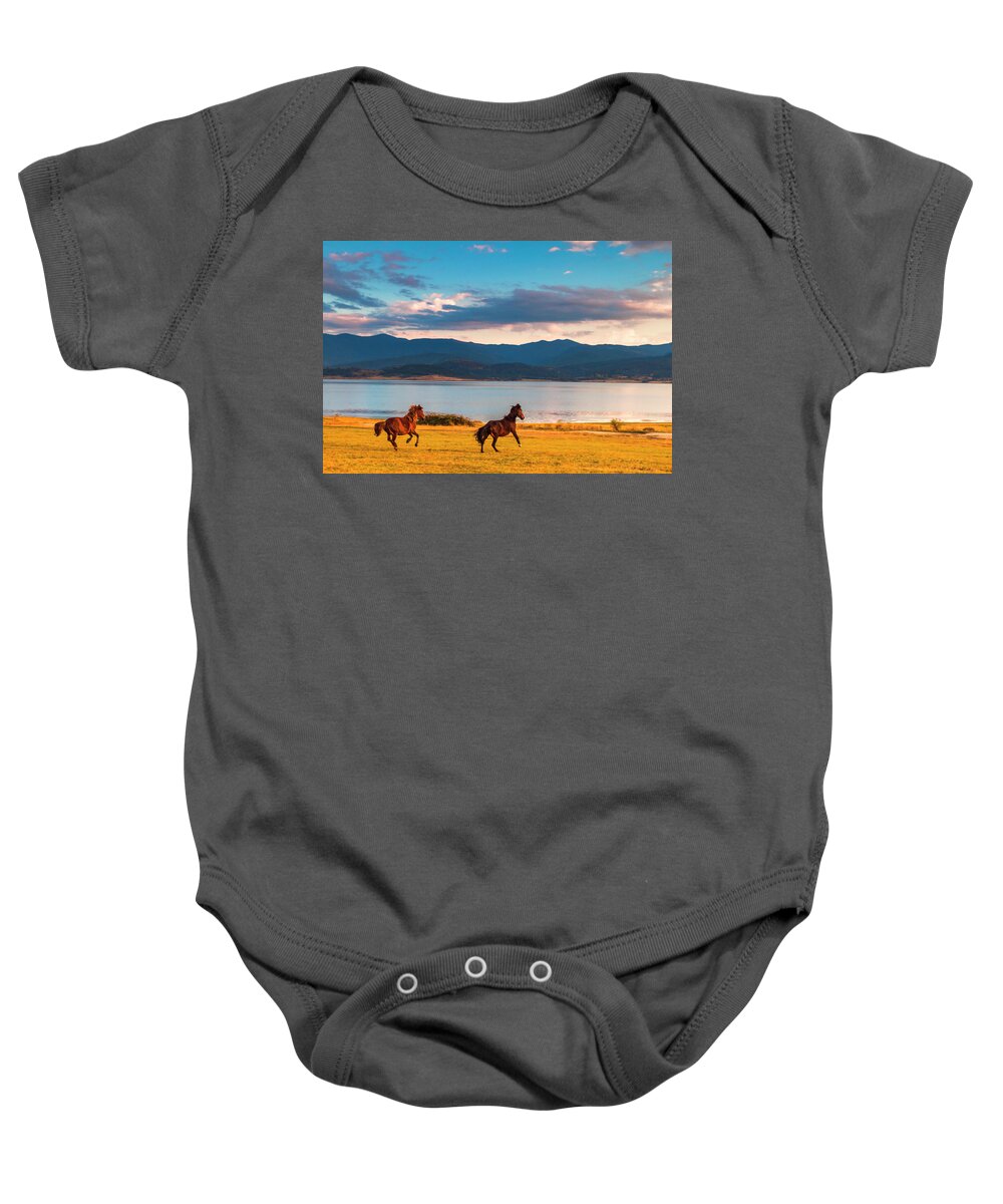 Animal Baby Onesie featuring the photograph Running Horses by Evgeni Dinev