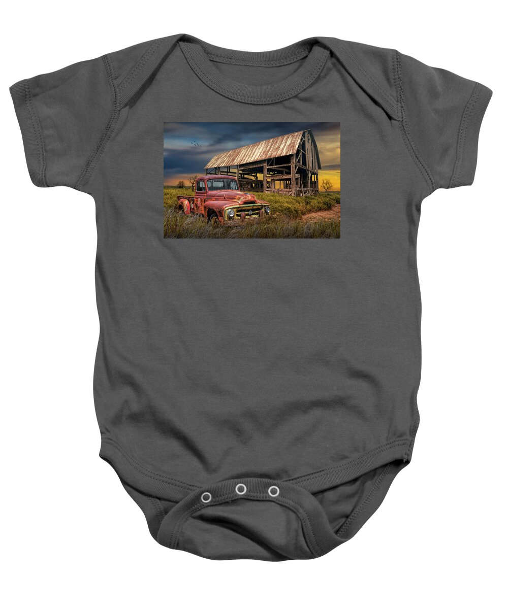 Harvester Baby Onesie featuring the photograph Rusted International Harvester Pickup Truck with Weathered Barn by Randall Nyhof
