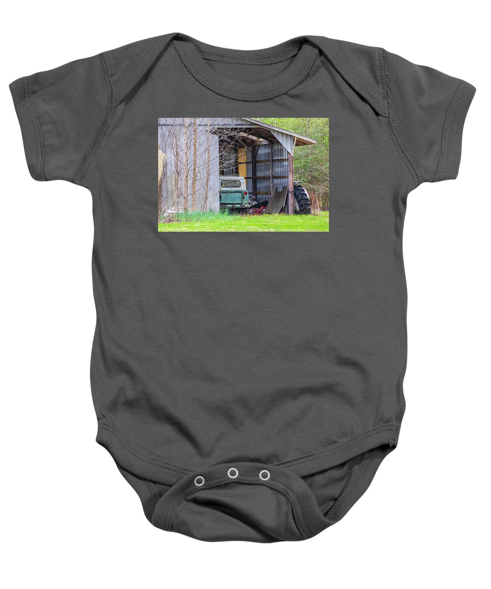 Rustic Baby Onesie featuring the photograph Rustic Barn with Derelict International Scout by Bob Decker