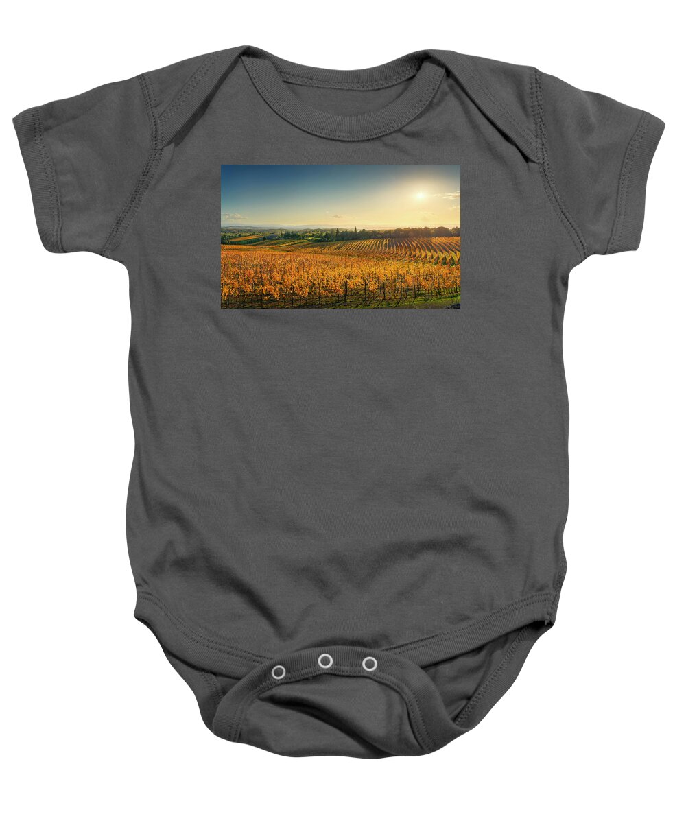 Chianti Baby Onesie featuring the photograph San Gusme, Chianti vineyards at sunset. Tuscany by Stefano Orazzini