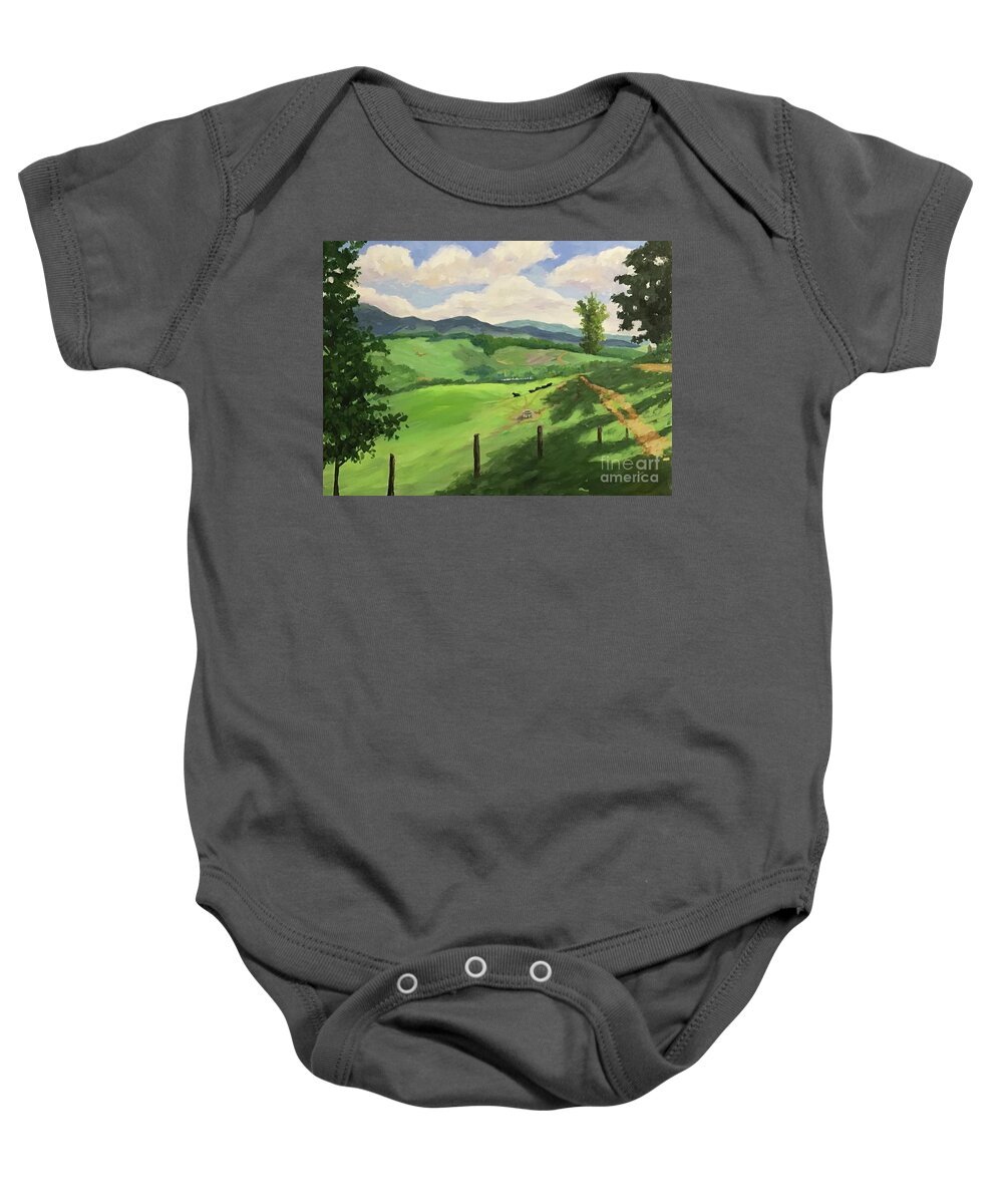 Farm Baby Onesie featuring the painting Sandy Mush Summer by Anne Marie Brown