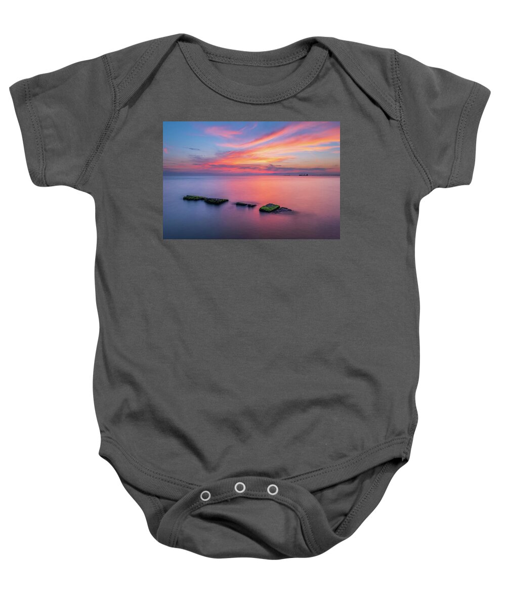 Thessaloniki Baby Onesie featuring the photograph Sea of Tranquility and a Colorful Sunset by Alexios Ntounas