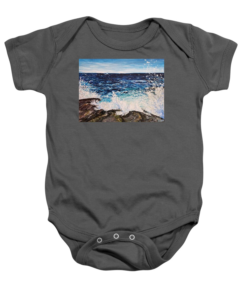 Blue Baby Onesie featuring the painting Sea spray and waves at Brenton Point State Park, Newport, Rhode Island by C E Dill