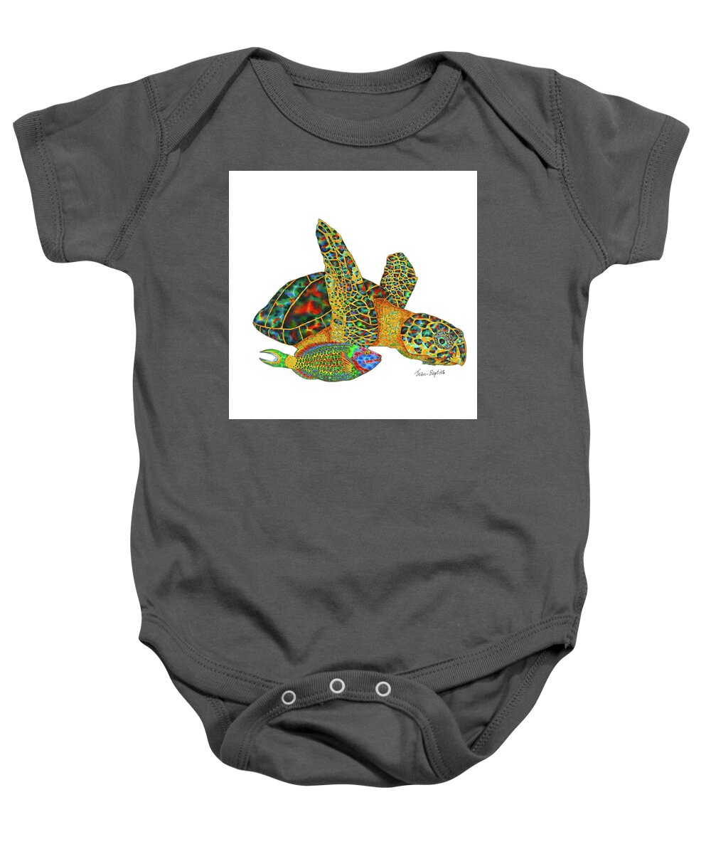  Baby Onesie featuring the painting Sea Turtle white background by Daniel Jean-Baptiste