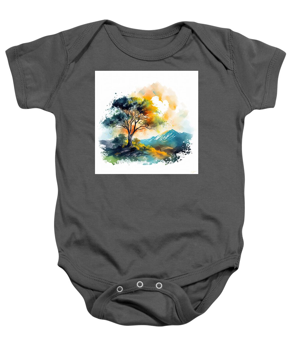 Four Seasons Baby Onesie featuring the painting Seasonal Reflections - Contemporary Modern Watercolor Paintings - Turquoise and Yellow Paintings by Lourry Legarde