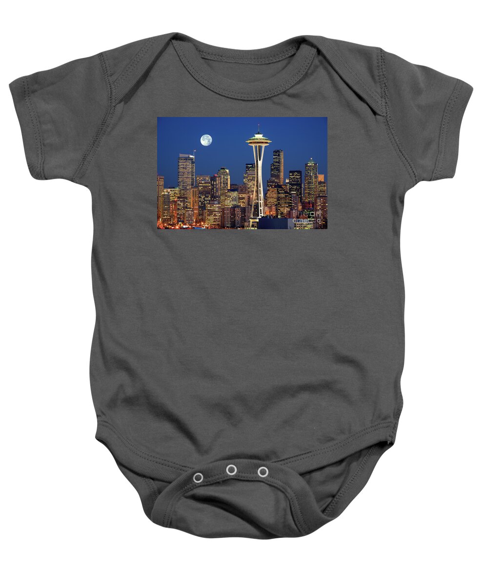 Seattle Baby Onesie featuring the photograph Seattle at Full Moon by Inge Johnsson