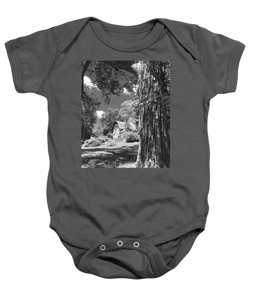 Black And White Baby Onesie featuring the photograph Shade Tree with a Barn by Mike McGlothlen