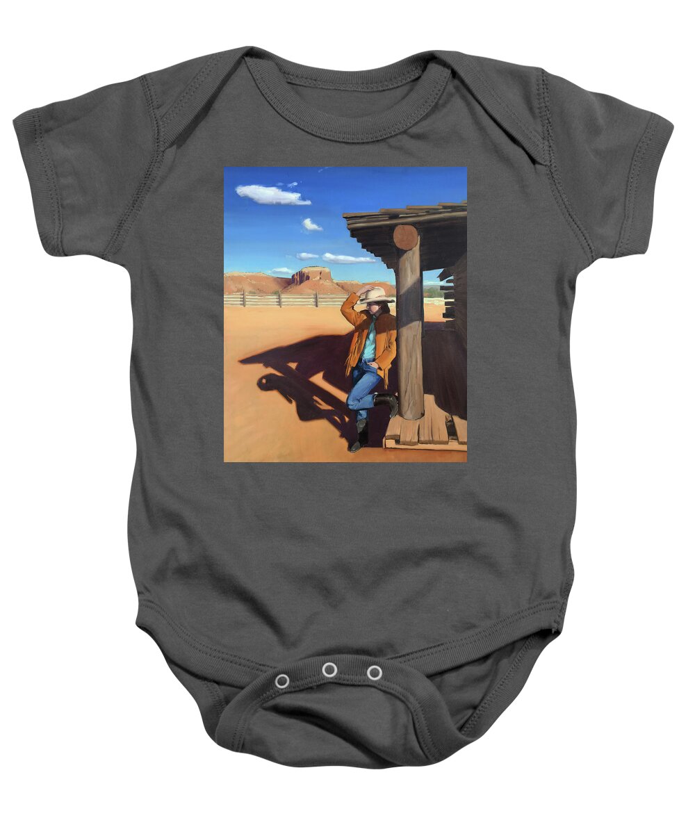 Cowgirl Baby Onesie featuring the painting She Casts a Long Shadow by Elizabeth Jose