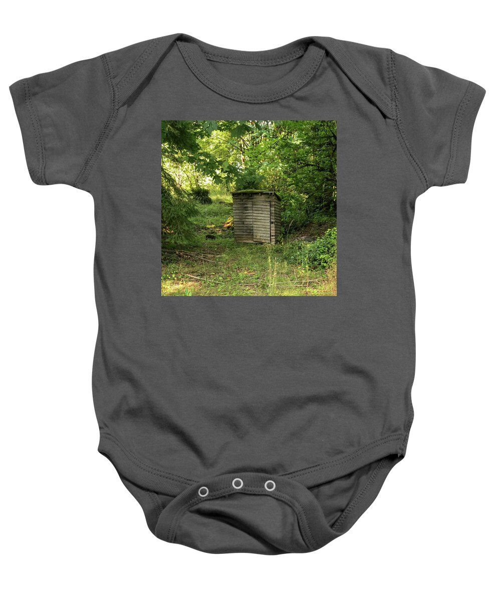 Wood Shed Baby Onesie featuring the photograph Shed at Joy Lake by Grey Coopre