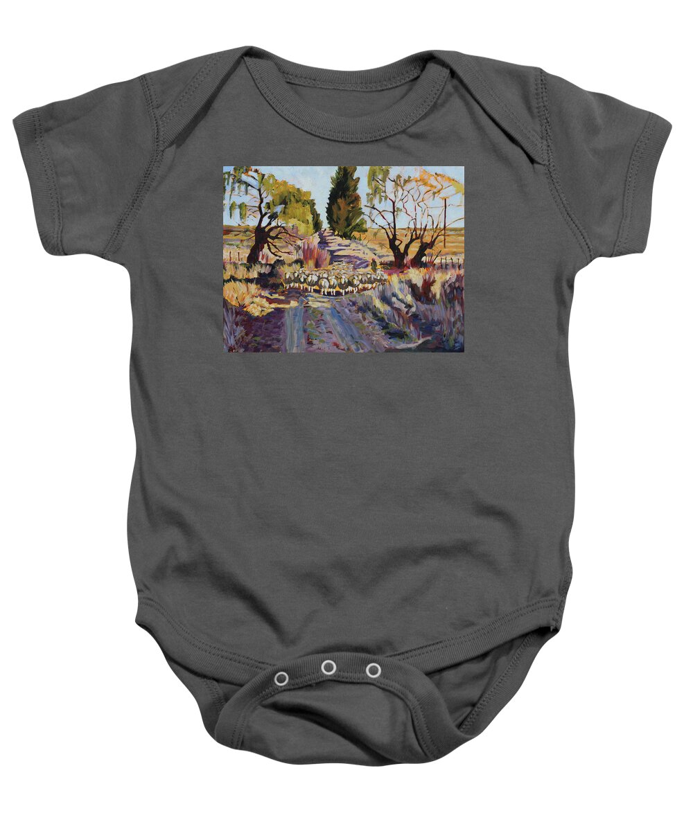 Sheep And Shepherd At Sunset Oil Painting Bertram Poole Baby Onesie featuring the painting Sheep and Shepherd at Sunset oil painting Bertram Poole by Thomas Bertram POOLE