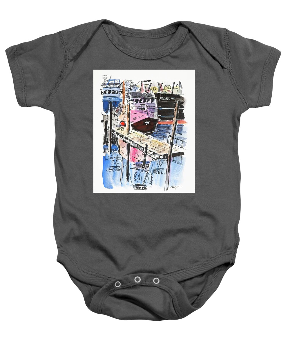 Fishing Boats Baby Onesie featuring the drawing Ships in Toledo, OR by Mike Bergen