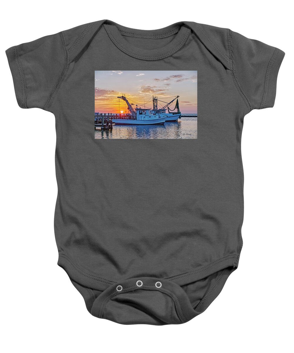 Sunrise Baby Onesie featuring the photograph Shrimp Boat Sunrise by Ty Husak