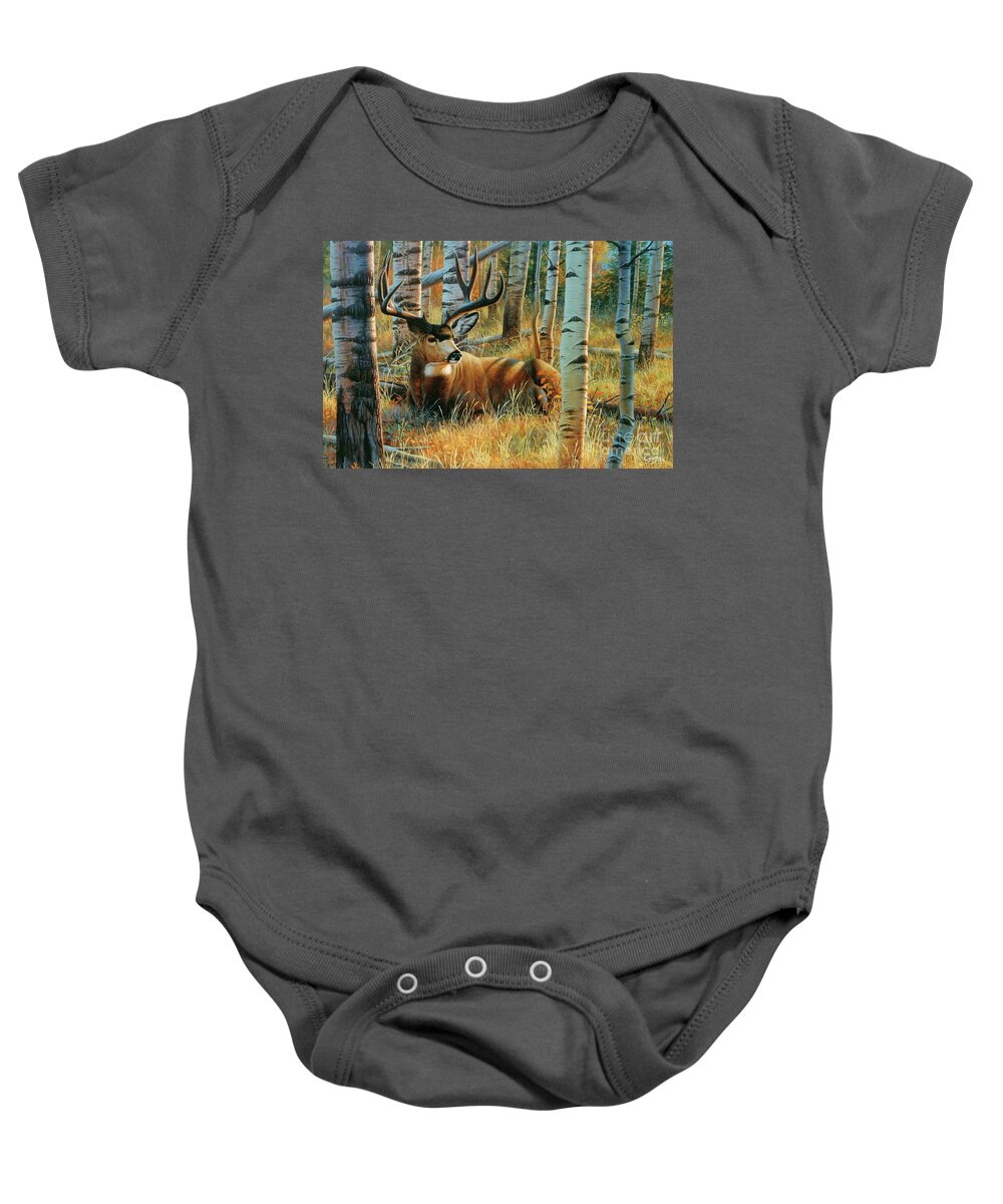 Cynthie Fisher Baby Onesie featuring the painting Siesta Mule Deer by Cynthie Fisher